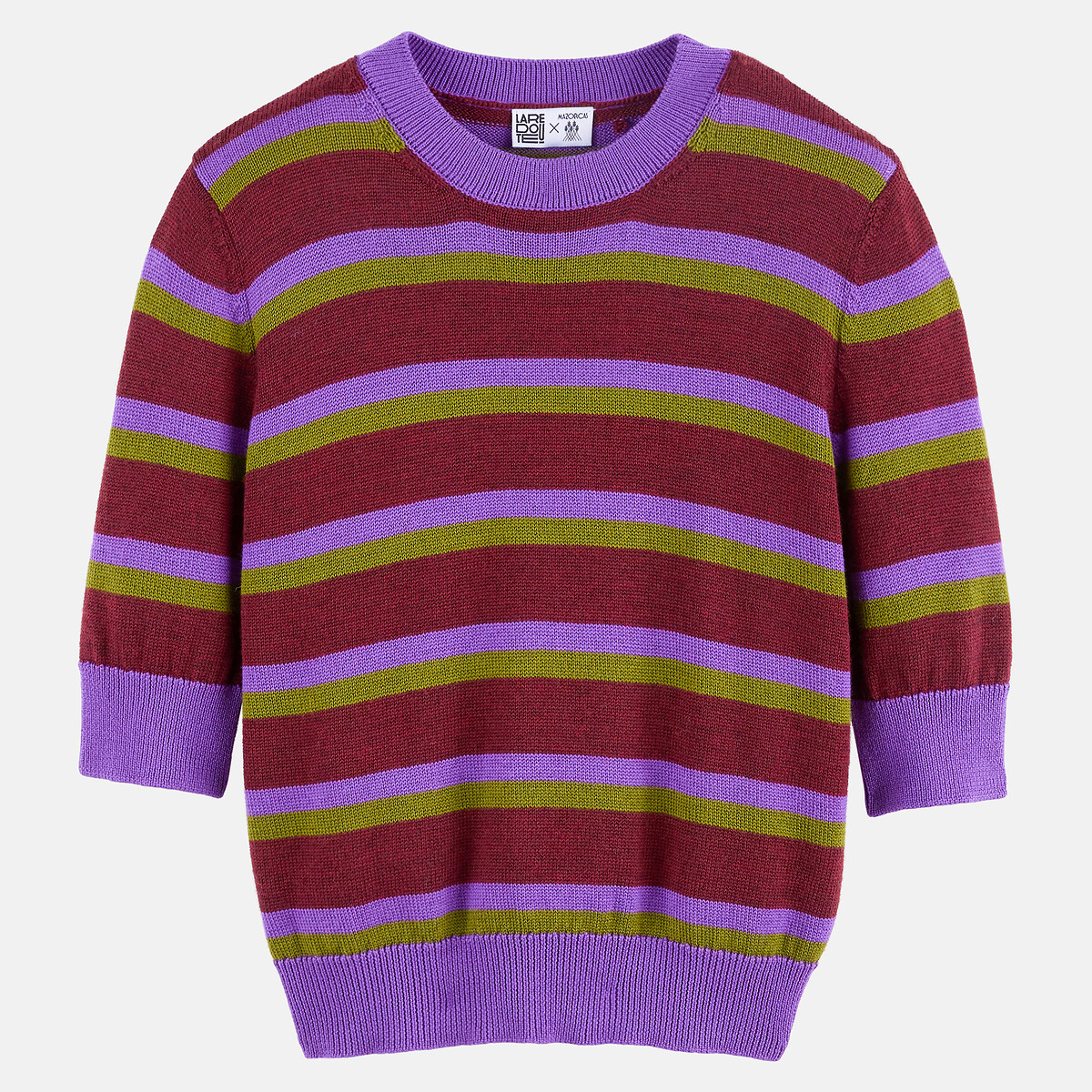 Pull col rond, manches 3/4, en laine mérinos rayé multicolore, LA REDOUTE X MAZORCAS