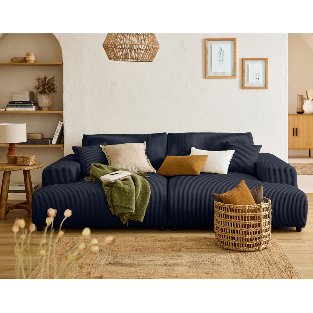 Canapé droit 4 places double méridienne, GARANCE bleu nuit, BEST MOBILIER