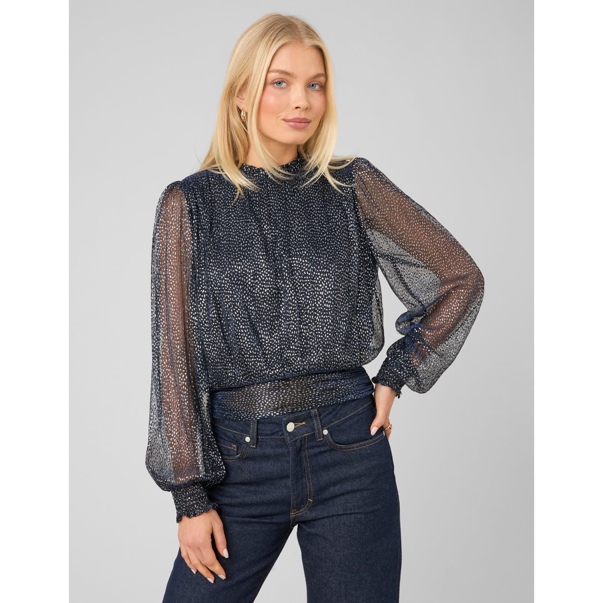 Blouse imprimée pailletée bleu foncé, BZB