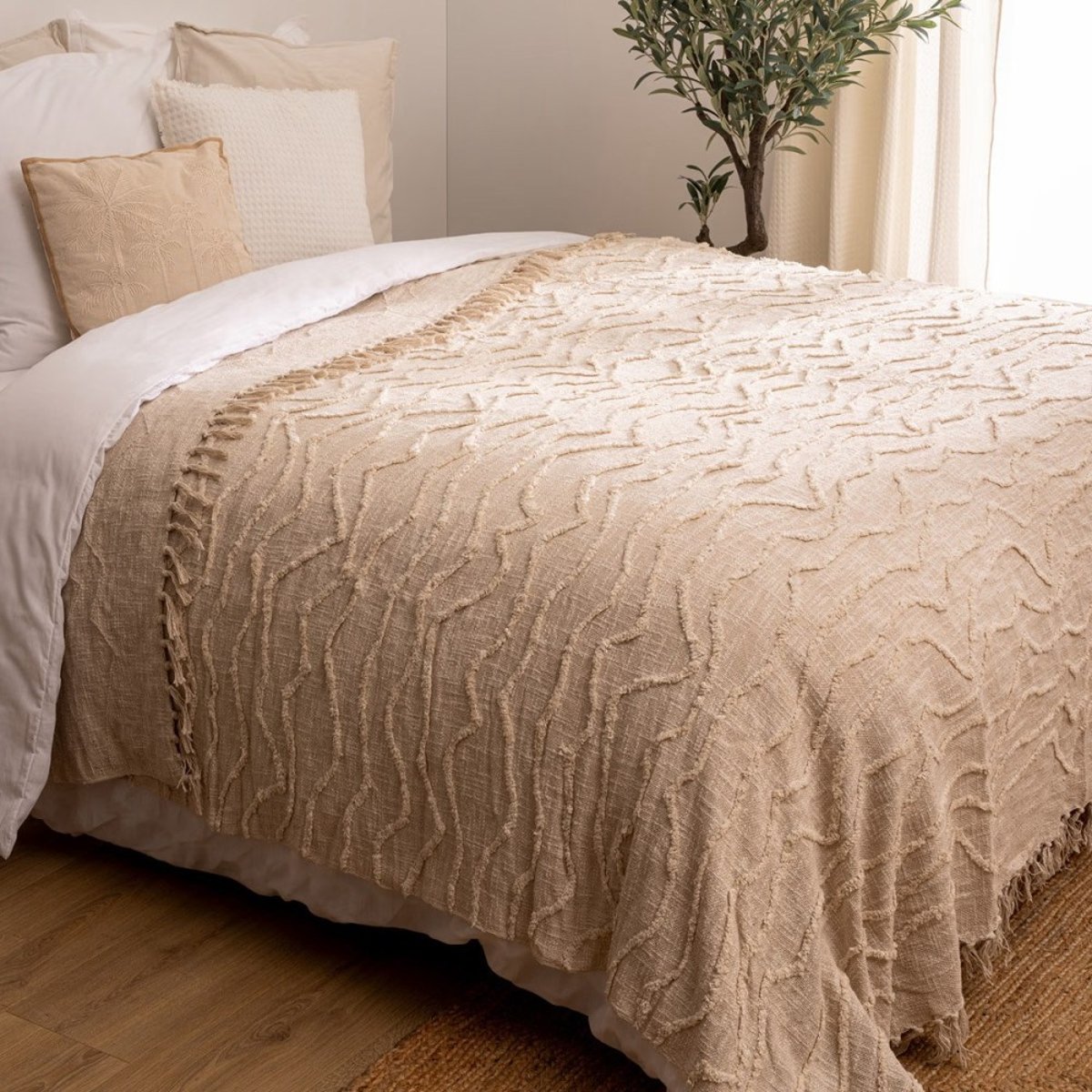 Dessus de lit Slub tufté 240x260 coton beige, ATMOSPHERA