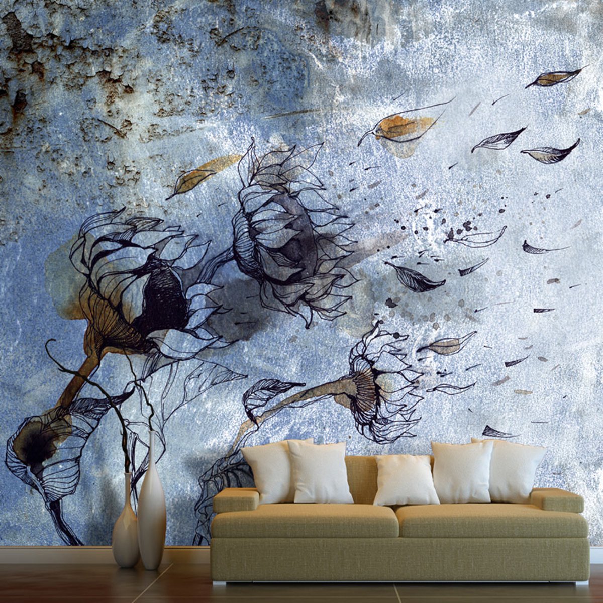 Papier peint intissé panoramique Fleurs In the arms of the wind beige, EDEN