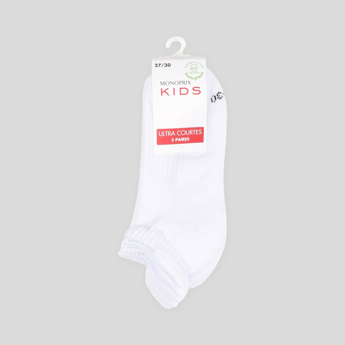 Lot de 3 paires de chaussettes ultra courtes en coton BIO blanc, MONOPRIX KIDS