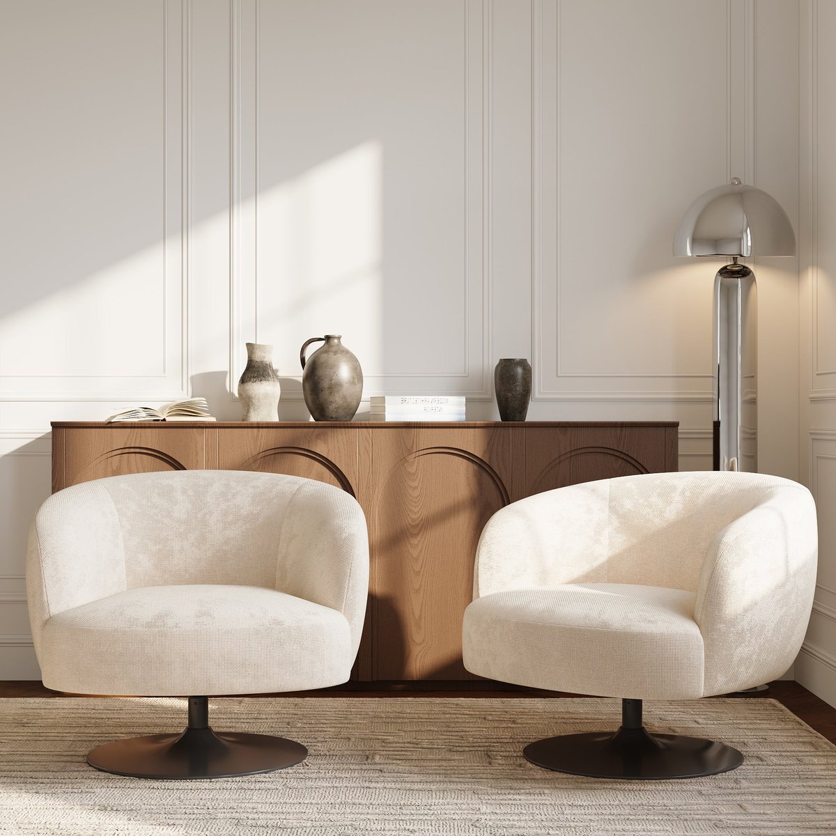 Fauteuil de salon pivotant en velours chenillé OSKA crème, SIA HOME