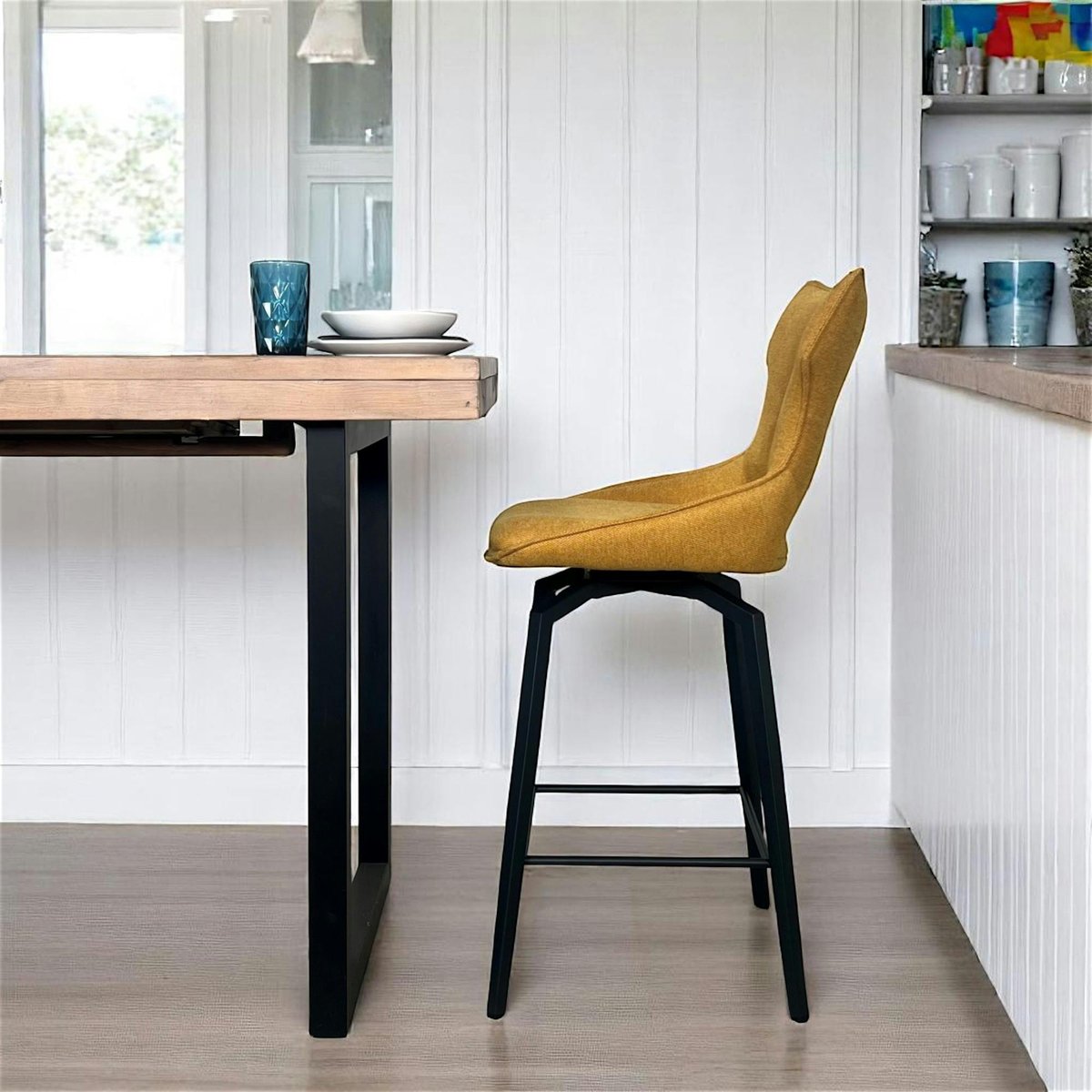 Chaise de bar pivotante en tissu (lot de 2) LOMBARDIE doré, PIER IMPORT