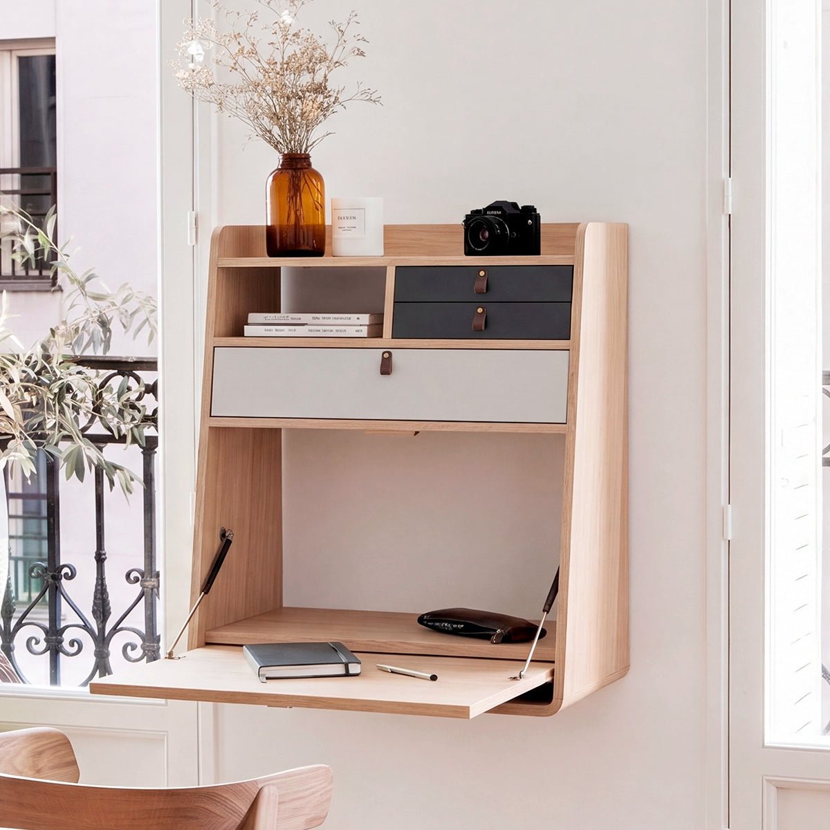 Bureau secrétaire mural en chêne GASTON gris ardoise, HARTO