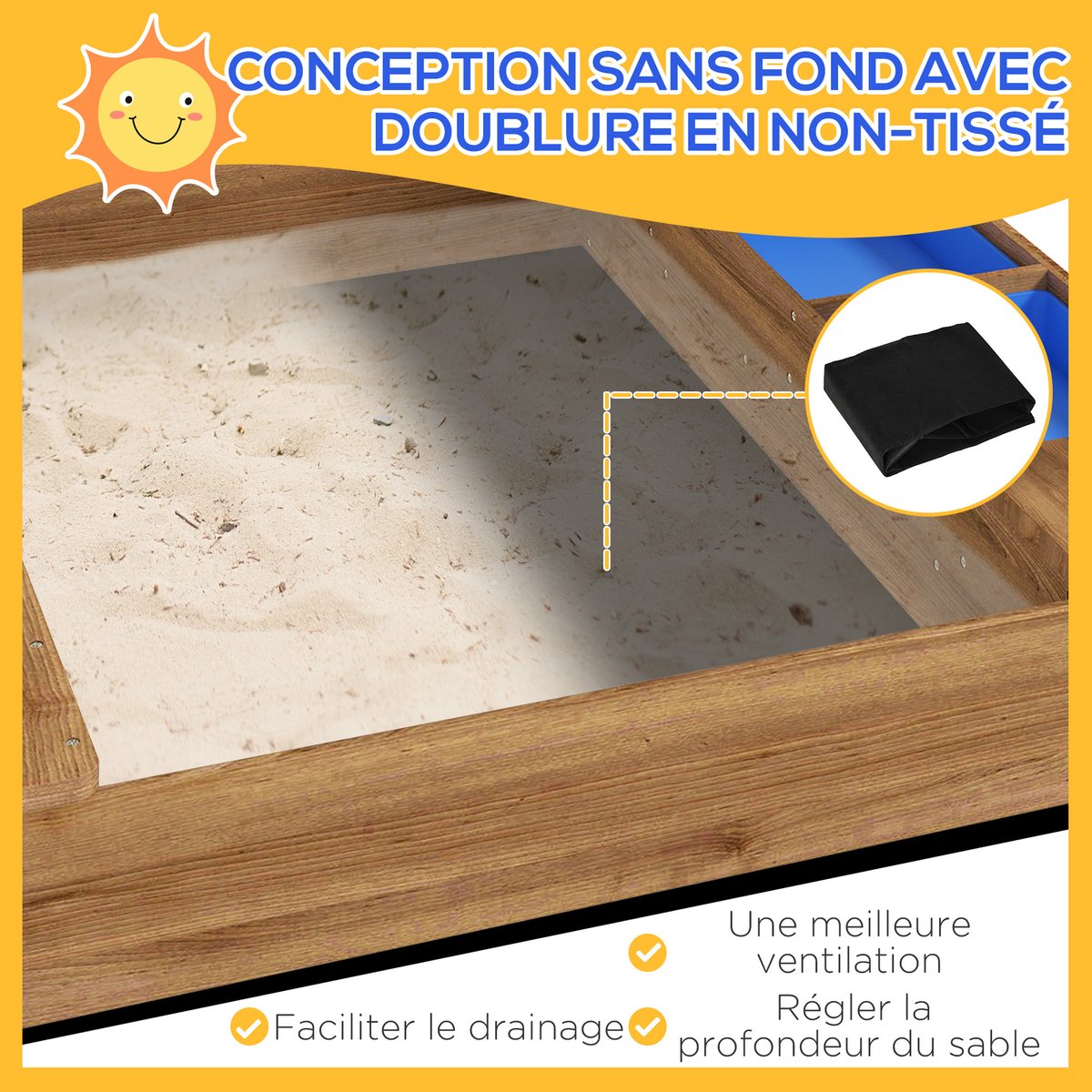 Bac à sable pour enfants Bois de sapin Marron marron, OUTSUNNY