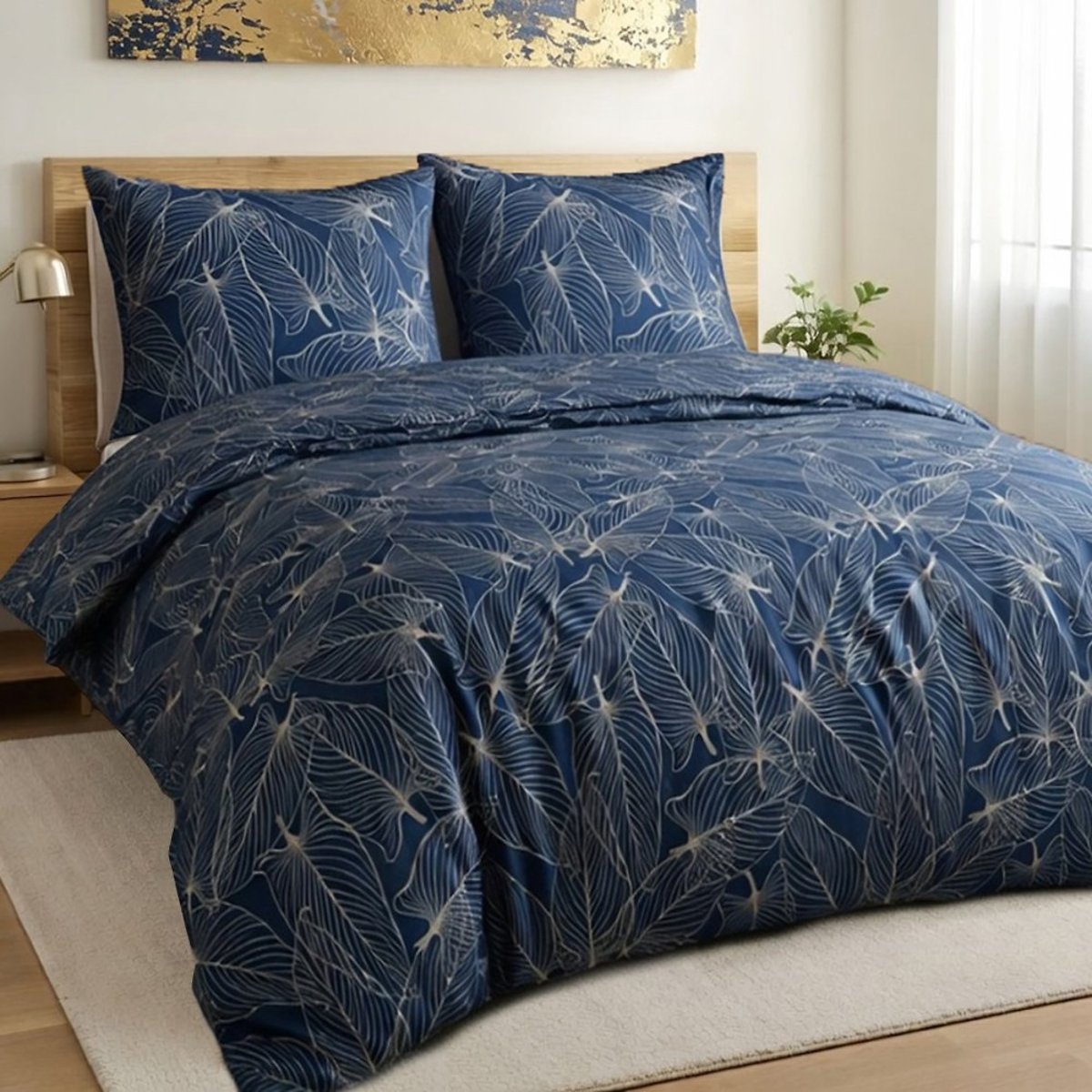 Housse de couette 2 personnes finition bouton + 2 taies 100% microfibre bleu, DECORATIE