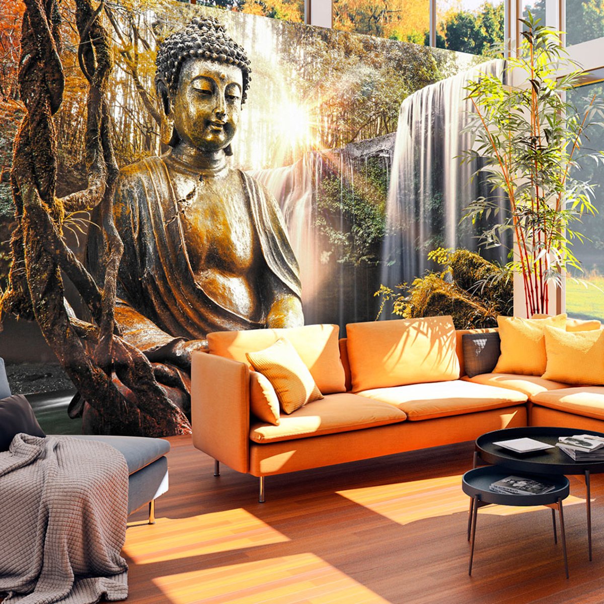 Papier peint intissé panoramique Orient Waterfall of Contemplation jaune / doré, EDEN