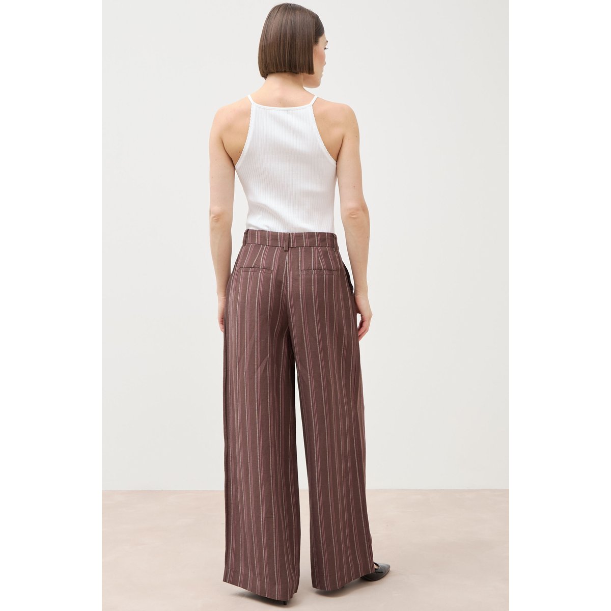 Pantalon large taille haute rayé marron chocolat, BONOBO