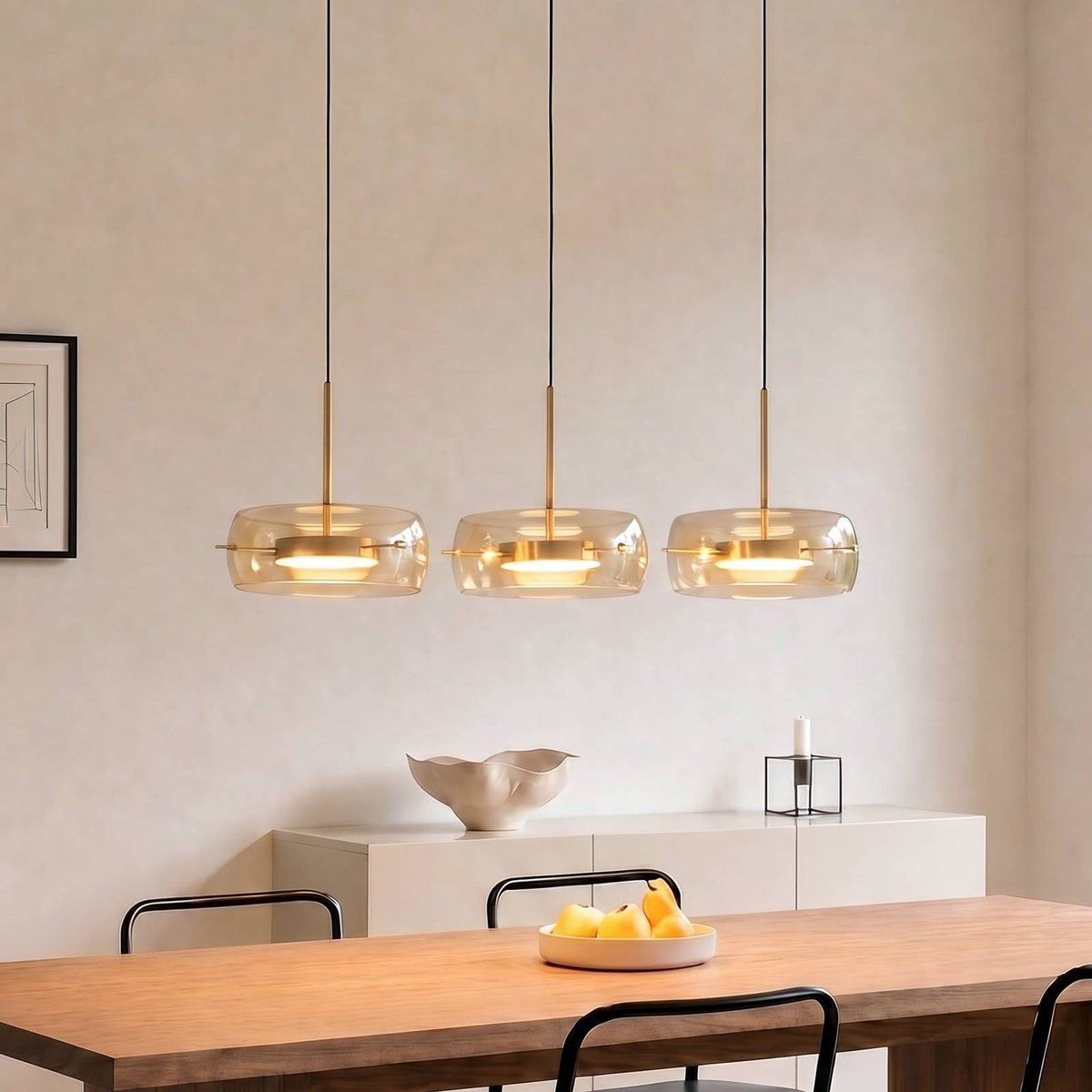 Suspension en verre moderneLED, Martis noir, laiton, ambre, LUCANDE