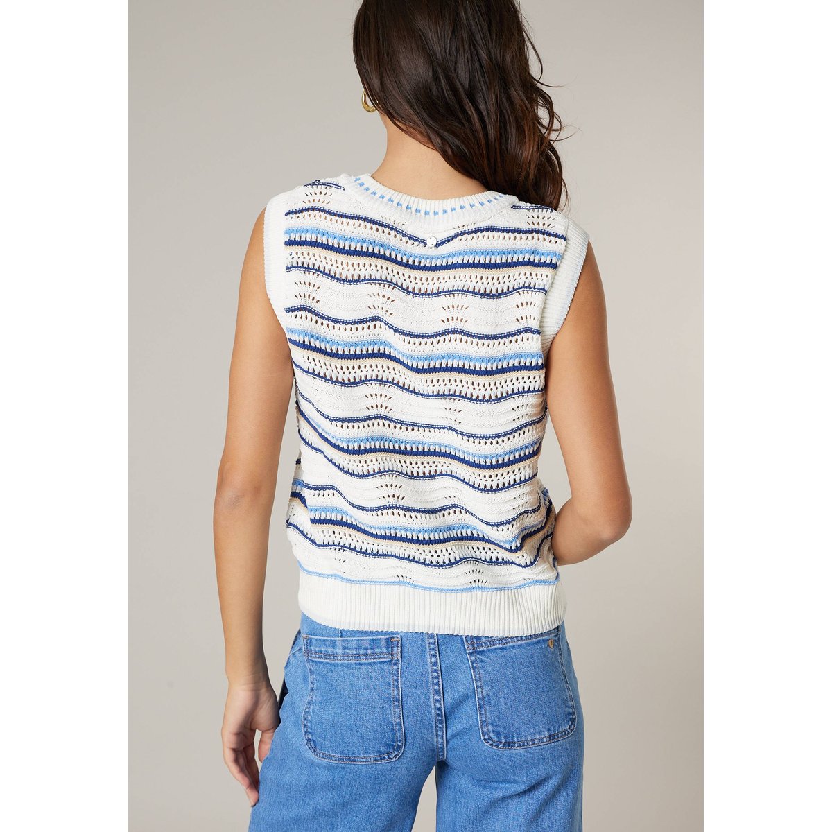 Pull sans manches femme en maille fantaisie SERJINE blue, DEELUXE