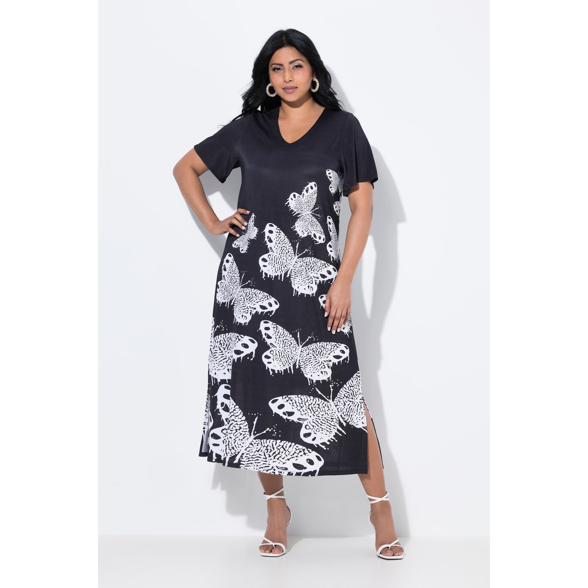 Robe midi fluide, motif papillons noir, ULLA POPKEN