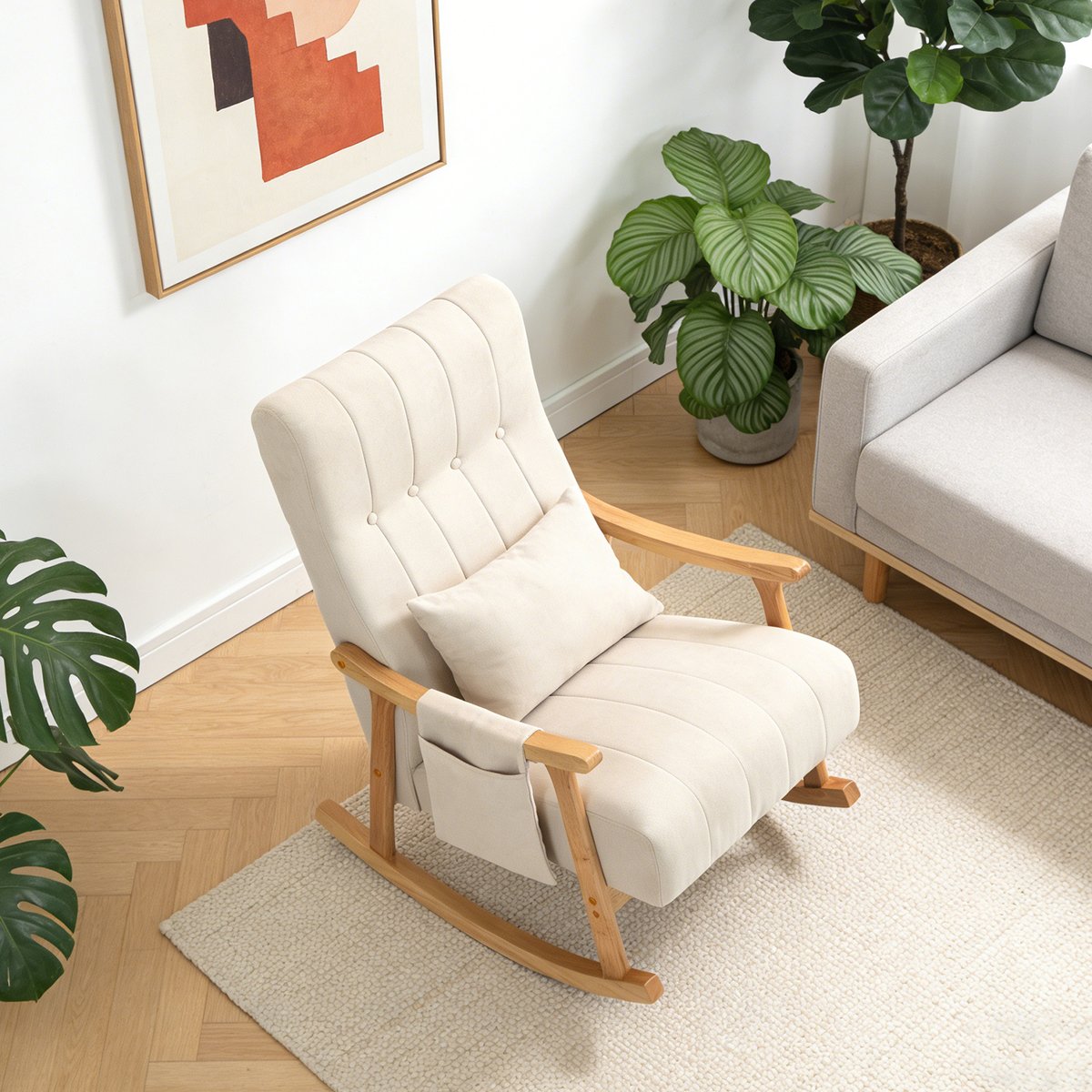 Fauteuil à bascule style scandinave tissu lin, RAMOND beige, MEUBLES COSY