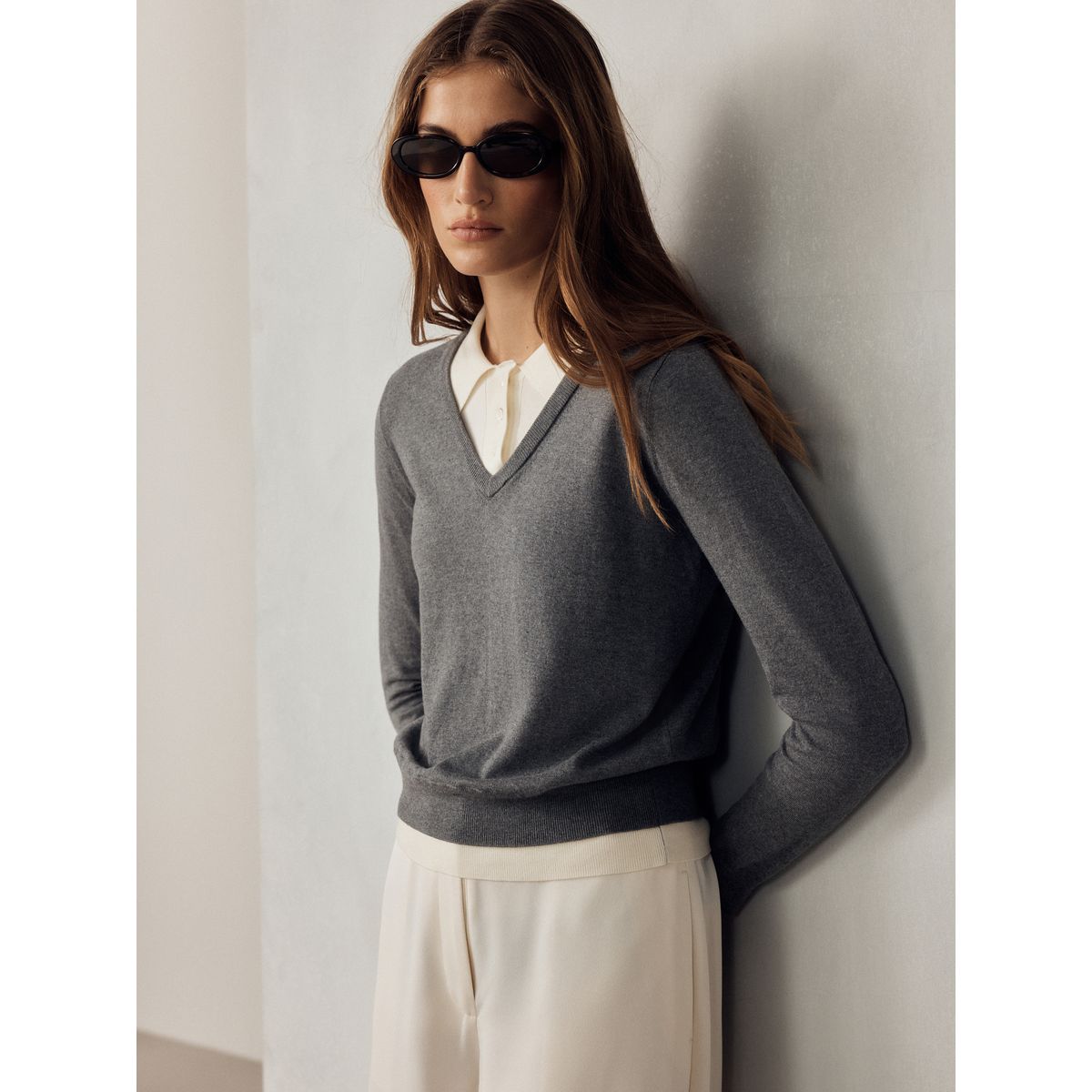 Pull polo effet superposé en coton doux gris, NEXT