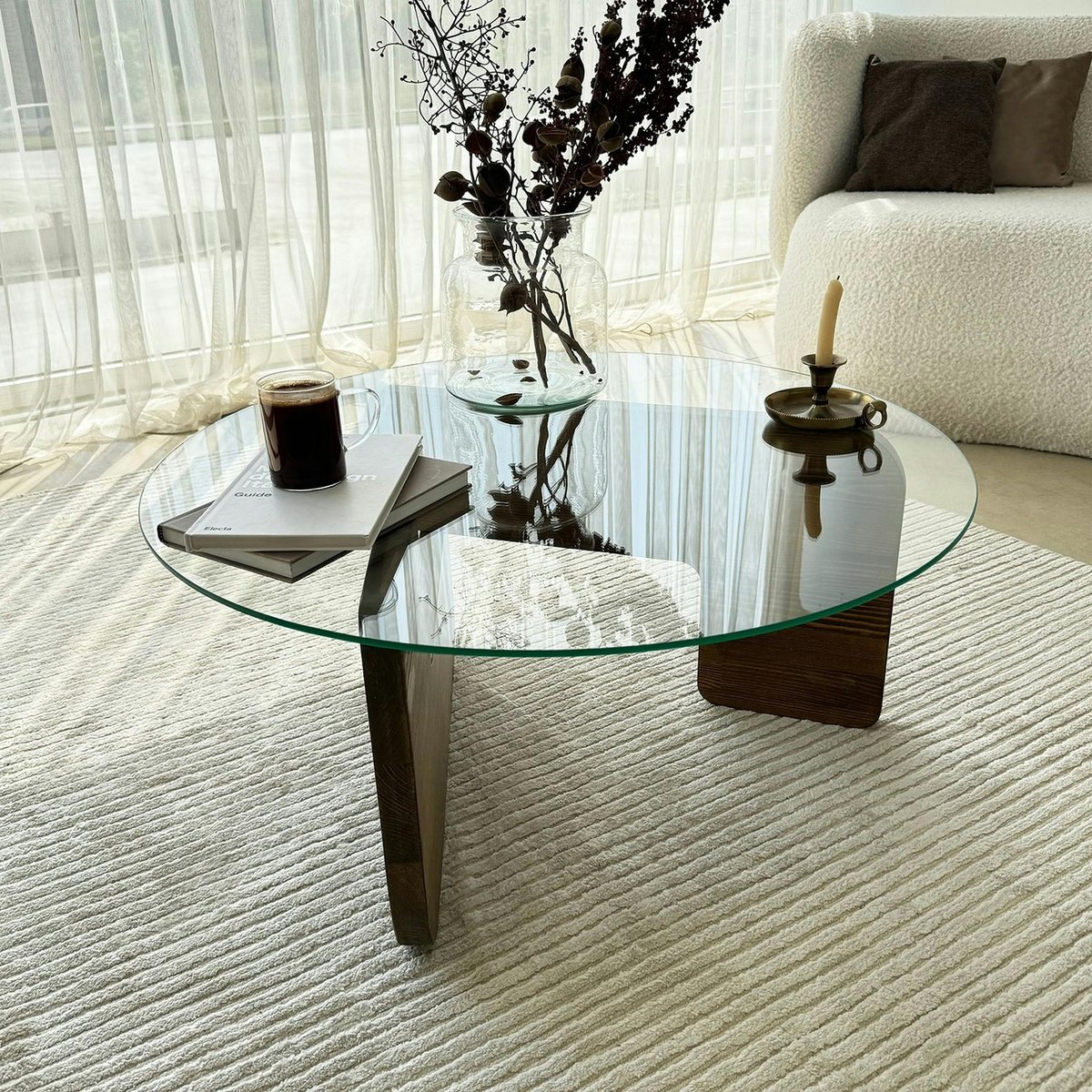 Table basse en verre - pied bois design ANZIO verre - pied brun, PIER IMPORT