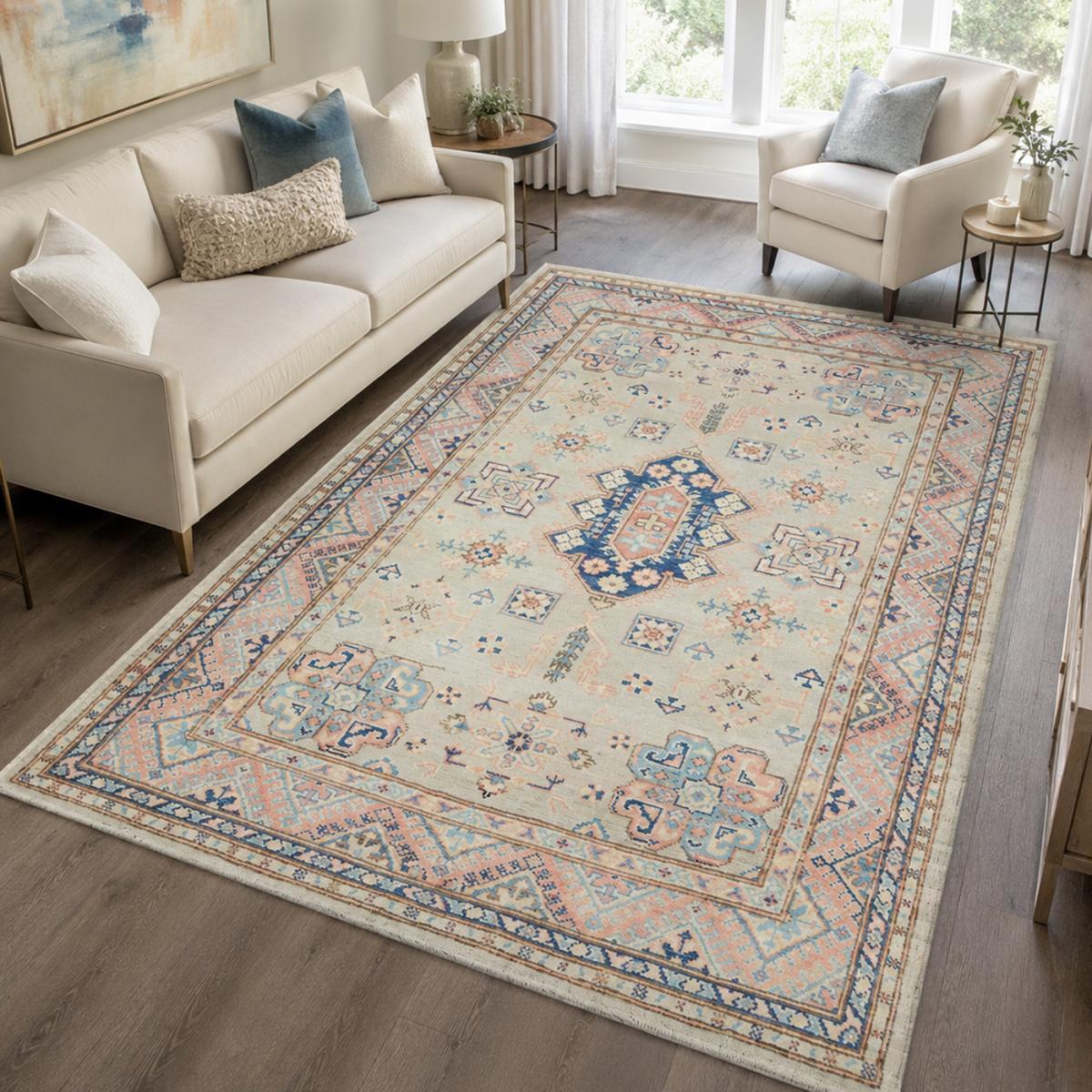 Tapis salon géométrique, noué main en laine, KAZAK CO 56 crème, bleu, rose, UN AMOUR DE TAPIS