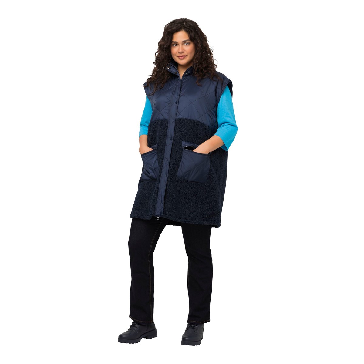 Veste en polaire bouclée à col montant et bleu nuit, ULLA POPKEN