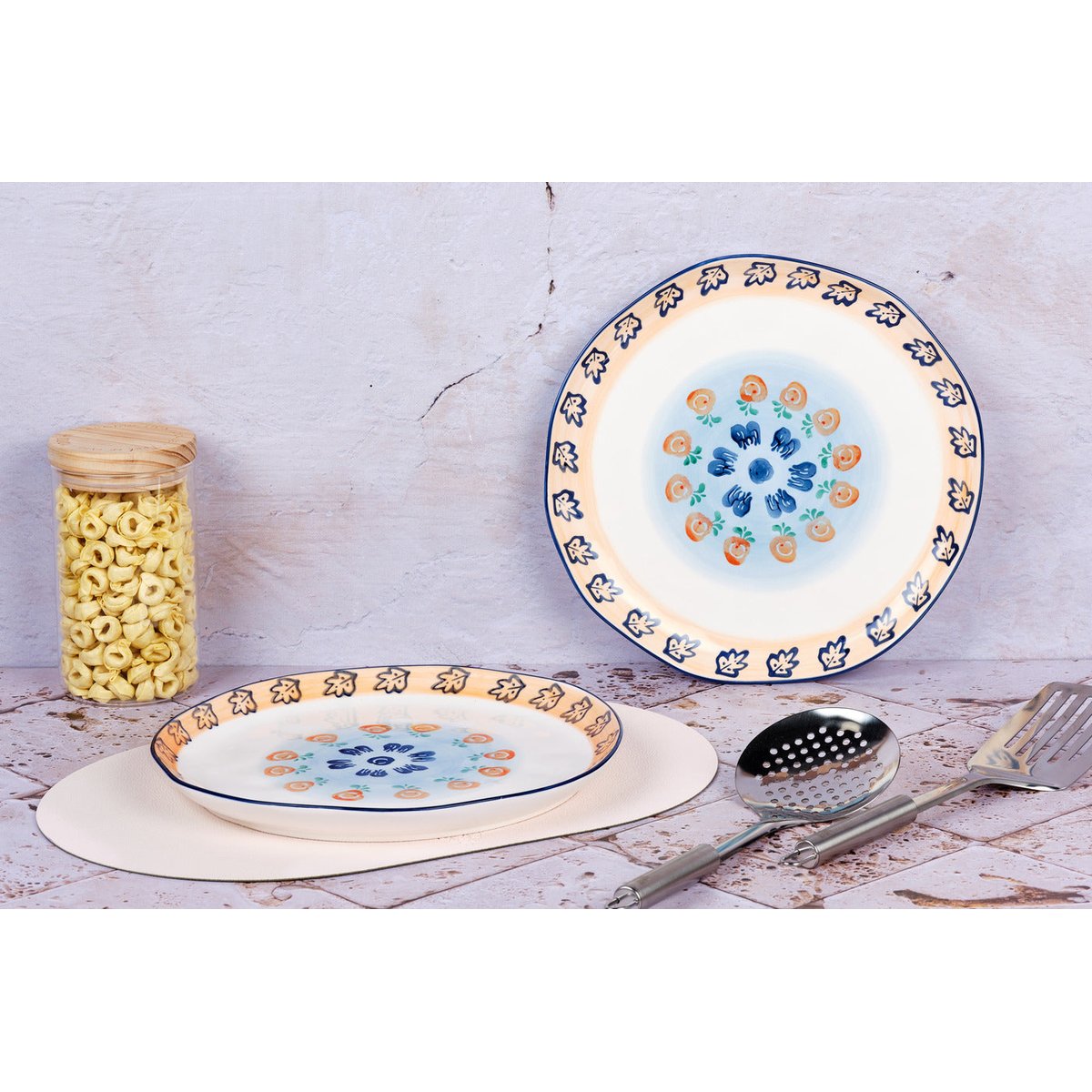 Lot de 2 plateaux & plats à four en porcelaine de haute qualité (grade a), peinte à la main, NAPOLI blanc, orange, bleu et vert, BJORN