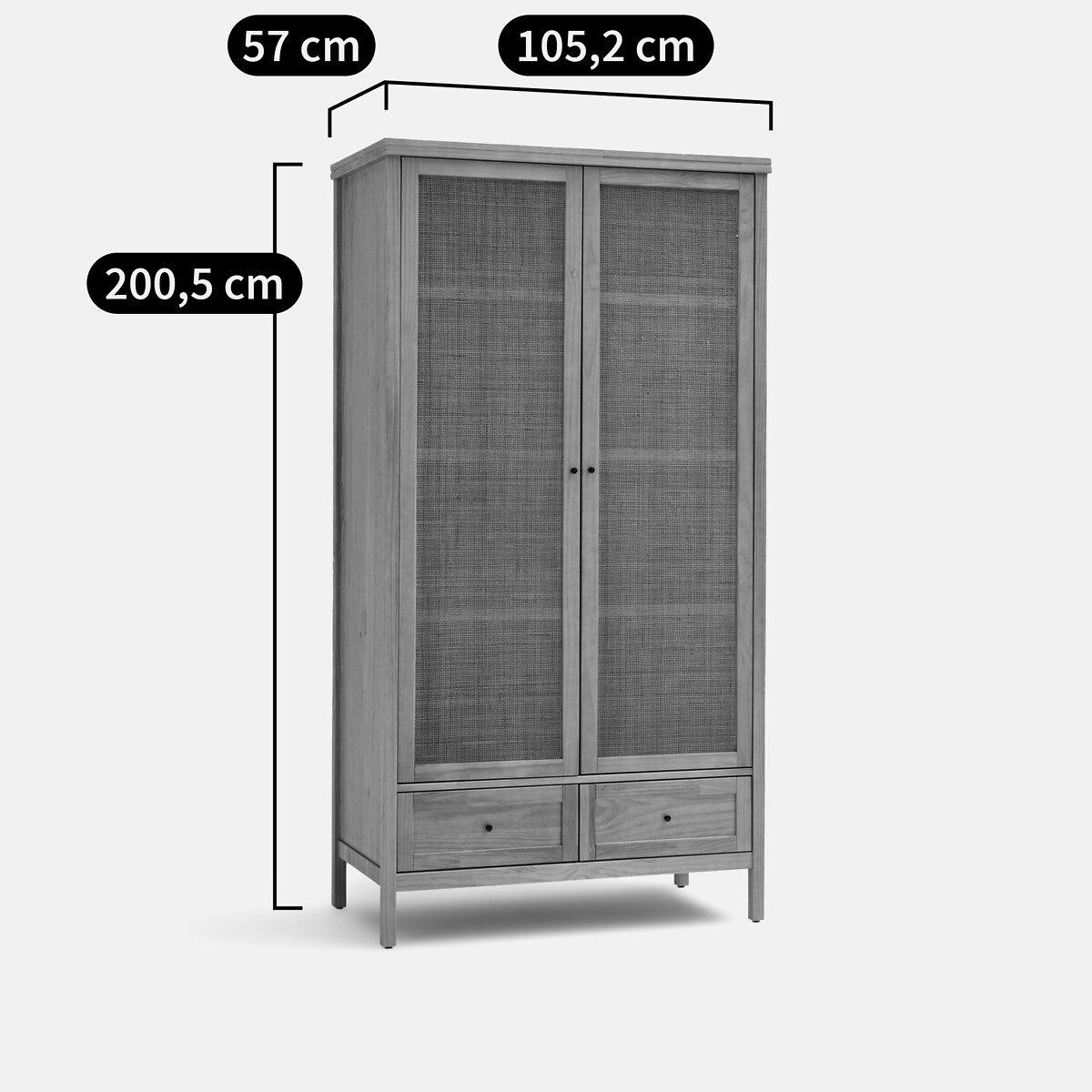 Armoire 2 portes pin massif et cannage, penderie, 1 étagère et 2 tiroirs, GABIN naturel, LA REDOUTE INTERIEURS