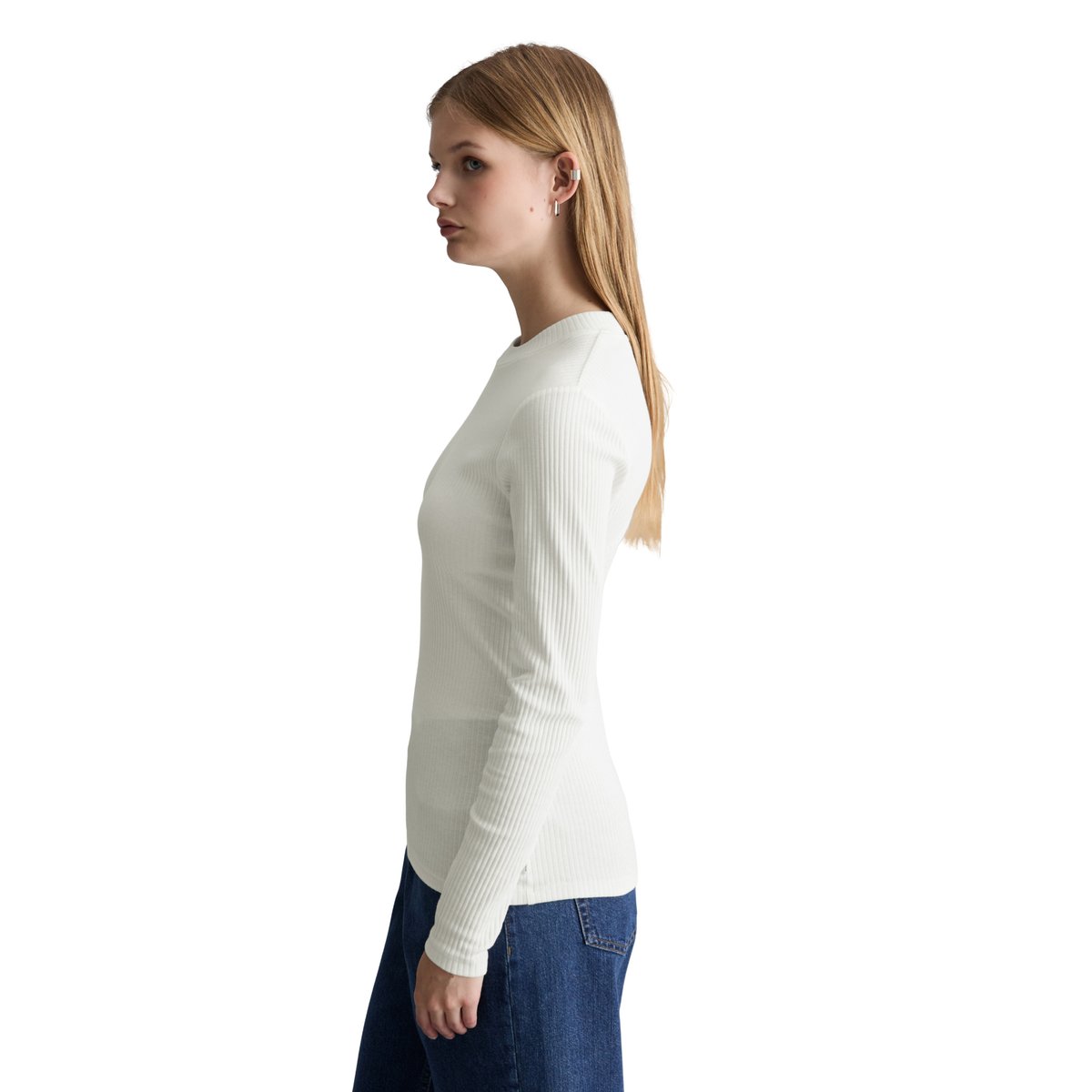 T-shirt long slim en jersey côtelé blanc, MARC O’POLO DENIM