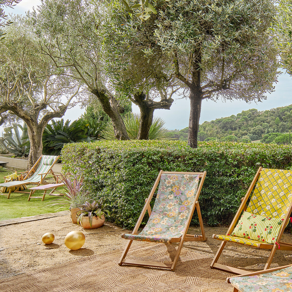Folding Chair in Oiled Acacia Marguerite yellow print/green, LA REDOUTE INTERIEURS