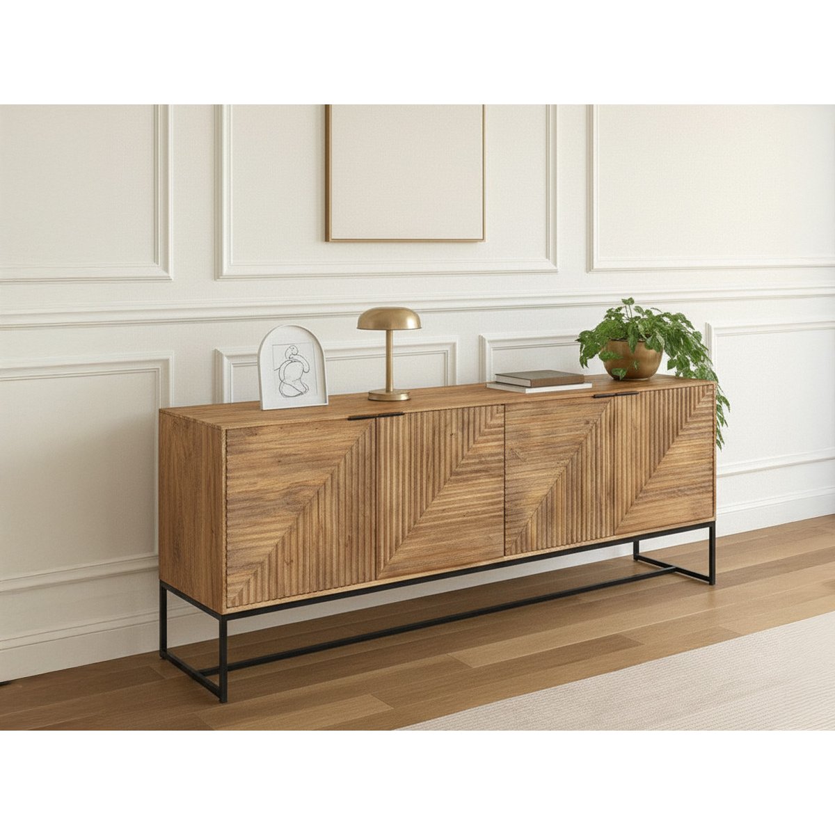Buffet bas en bois massif 4 portes 210 cm, NAOMIE marron foncé, BOBOCHIC