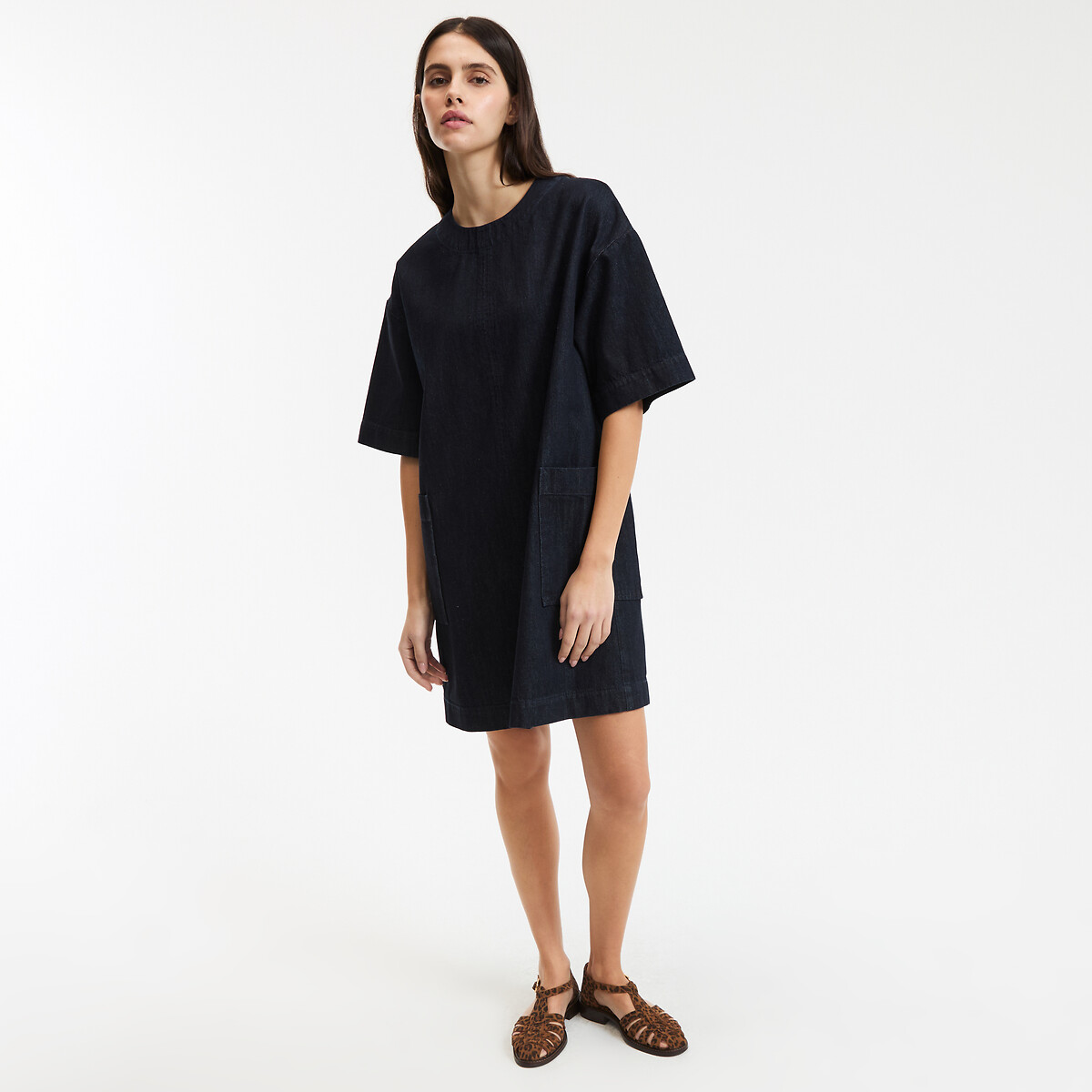 Rechte jurk in denim, kort, korte mouwen ruw blauw, LA REDOUTE COLLECTIONS