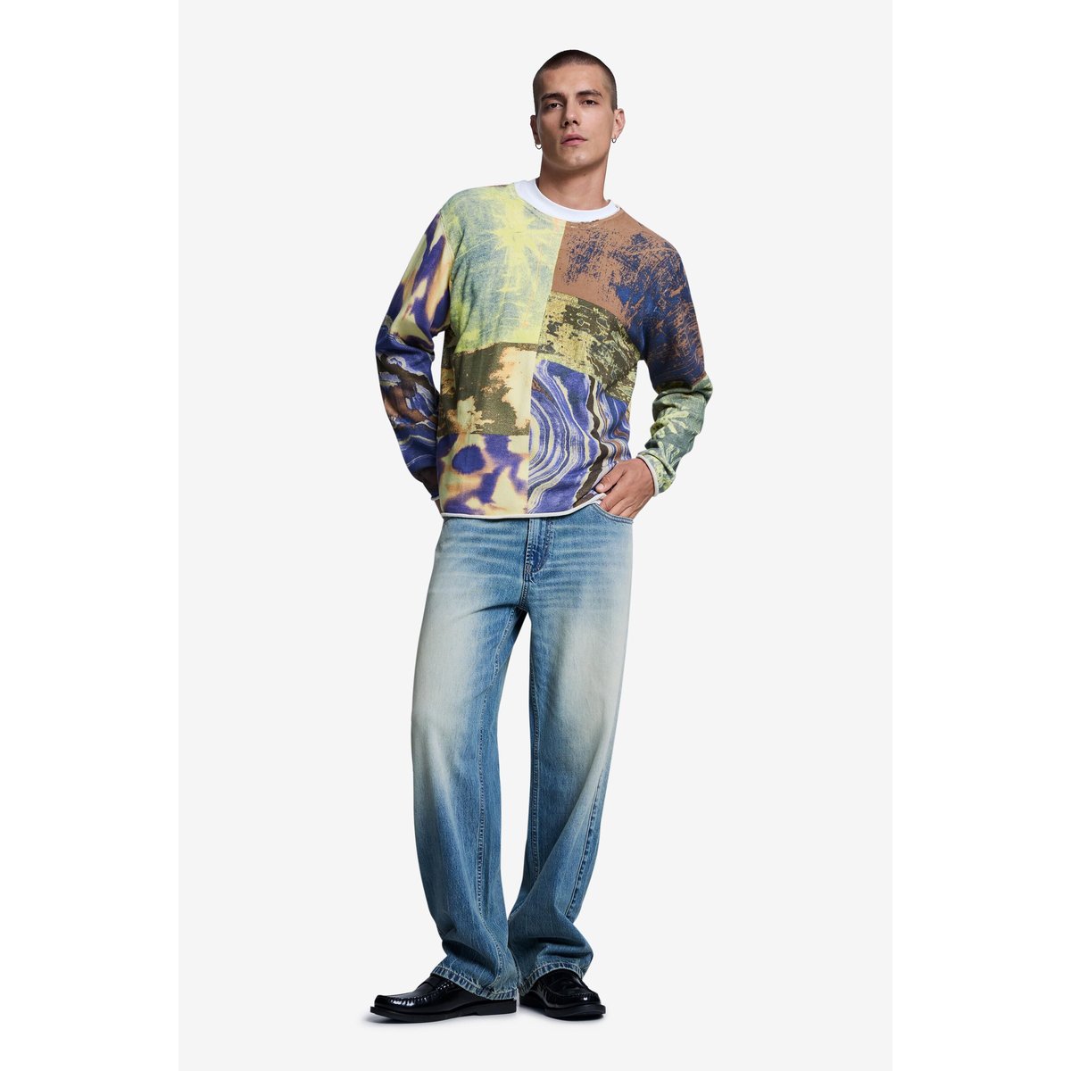 Pull imprimé patchwork vert, DESIGUAL