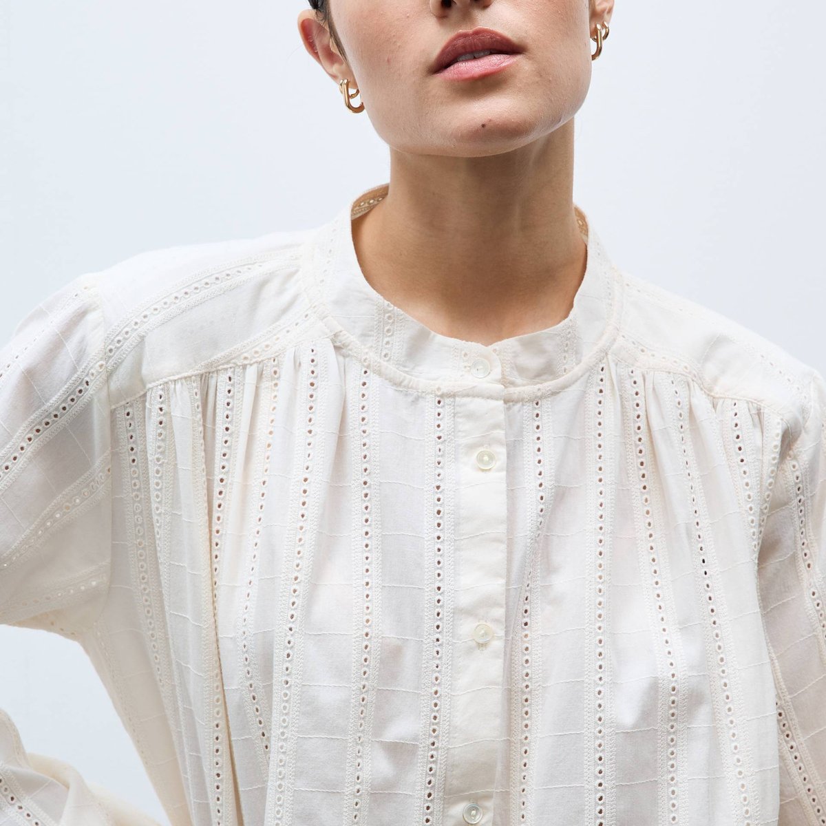 Blouse manches longues en dentelle en coton ecru, MONOPRIX