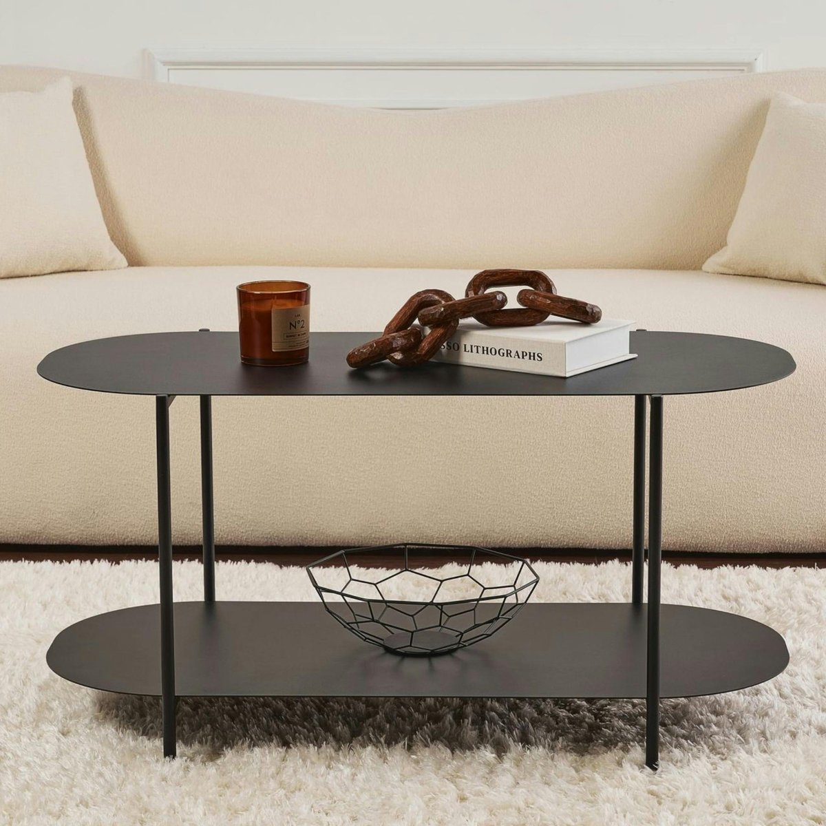 Table basse ovale double plateau en métal SFAX noir, PIER IMPORT