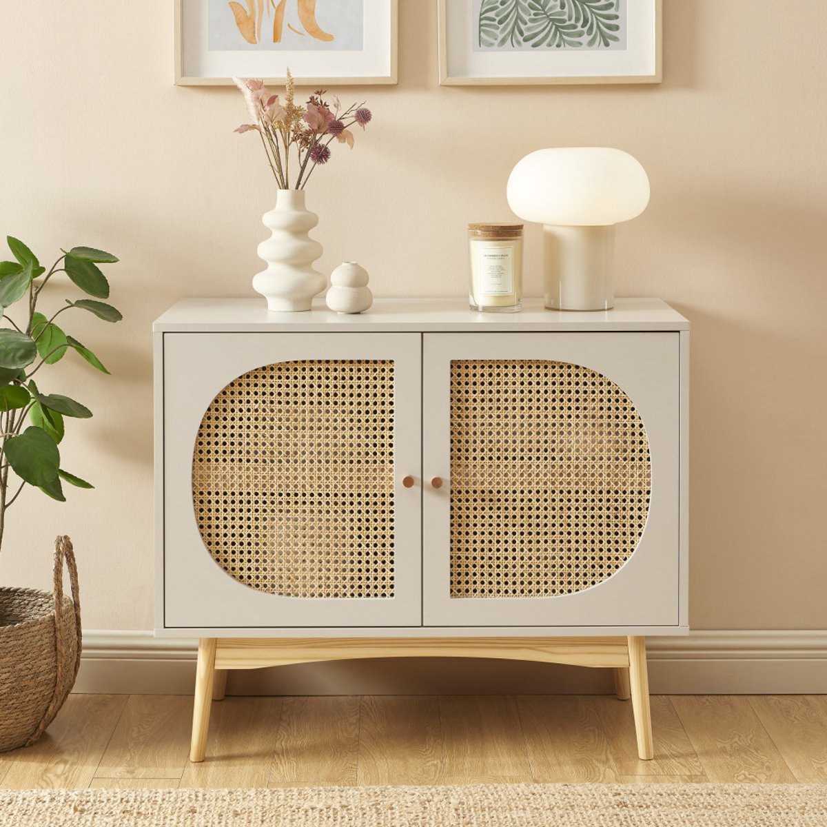 Buffet 2 portes en bois et cannage L90cm- CANNO gris perle, DRAWER