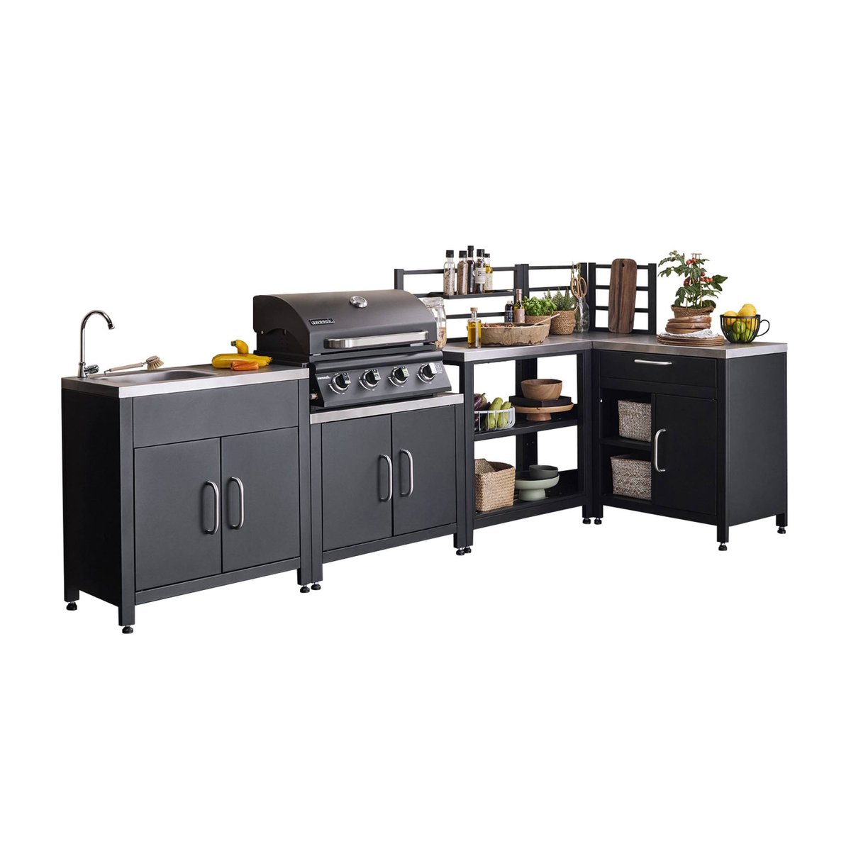 Cuisine extérieure 5 modules acier inoxydable avec barbecue gaz 4 brûleurs GRIMAUD 5 MODULES + BARBECUE GAZ noir, SWEEEK