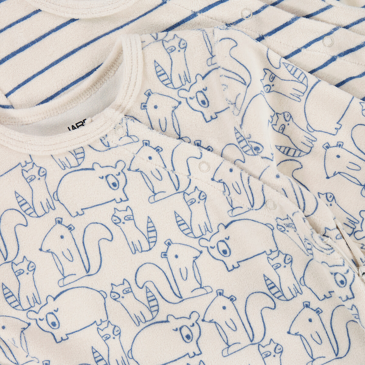 Lot 2 pyjamas 1 pièce velours rayures et animalier bleu/blanc, LA REDOUTE COLLECTIONS