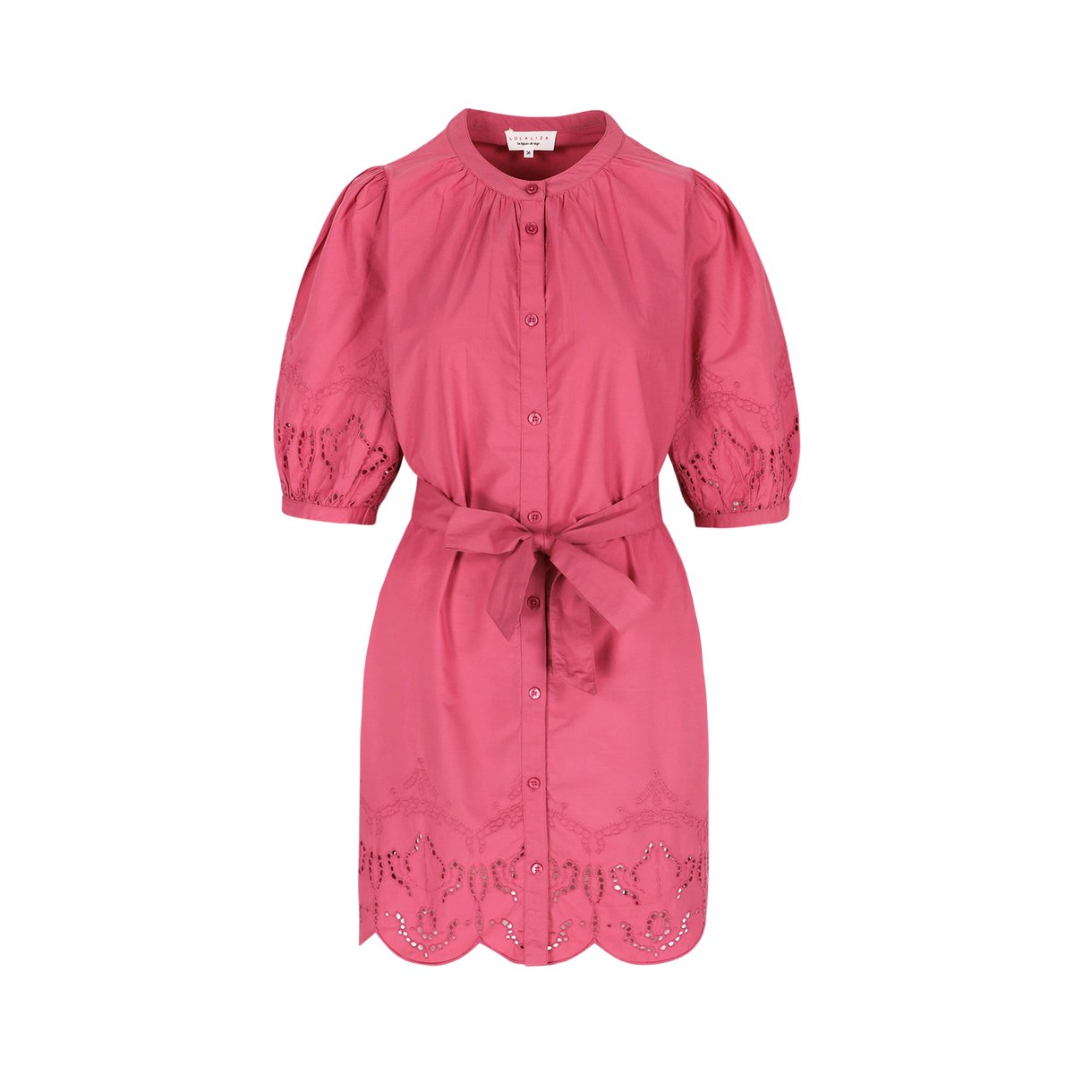 Robe chemise brodée ceinturée rose, LOLALIZA