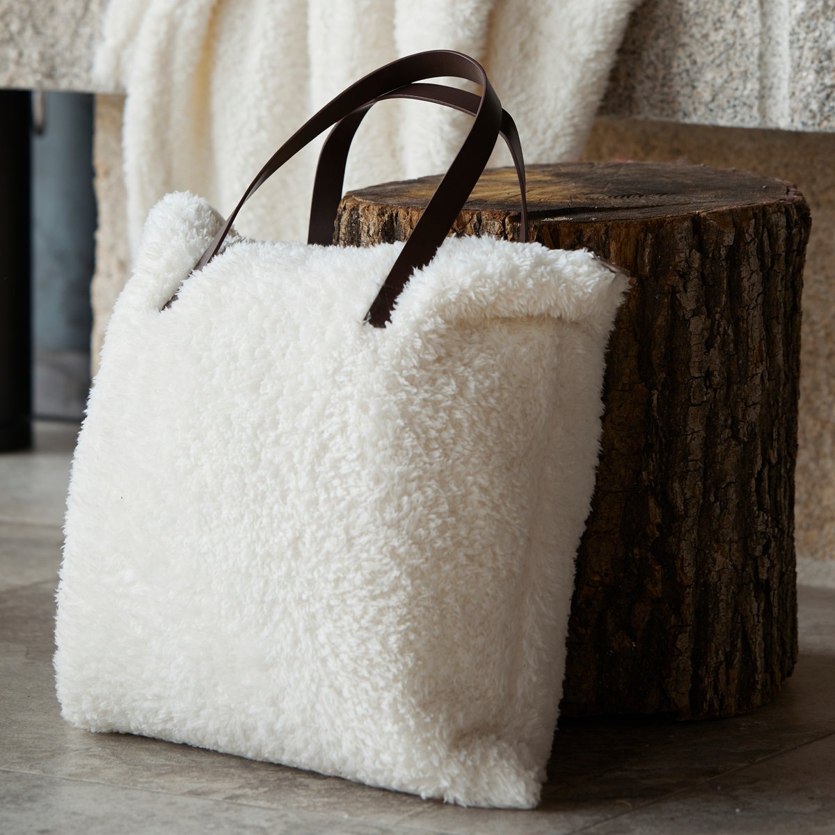 Sac Sherpa avec anses imitation cuir blanc cassé, HOME MAISON