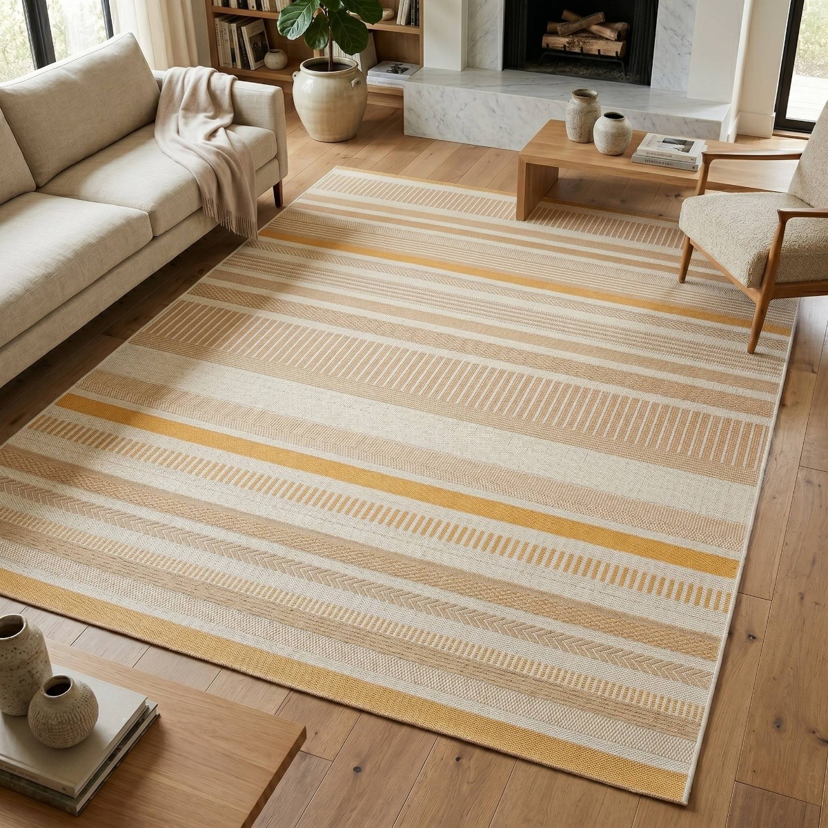 Tapis extérieur intérieur moderne lignes   SUNSHINE STRAT jaune, beige, THE DECO FACTORY