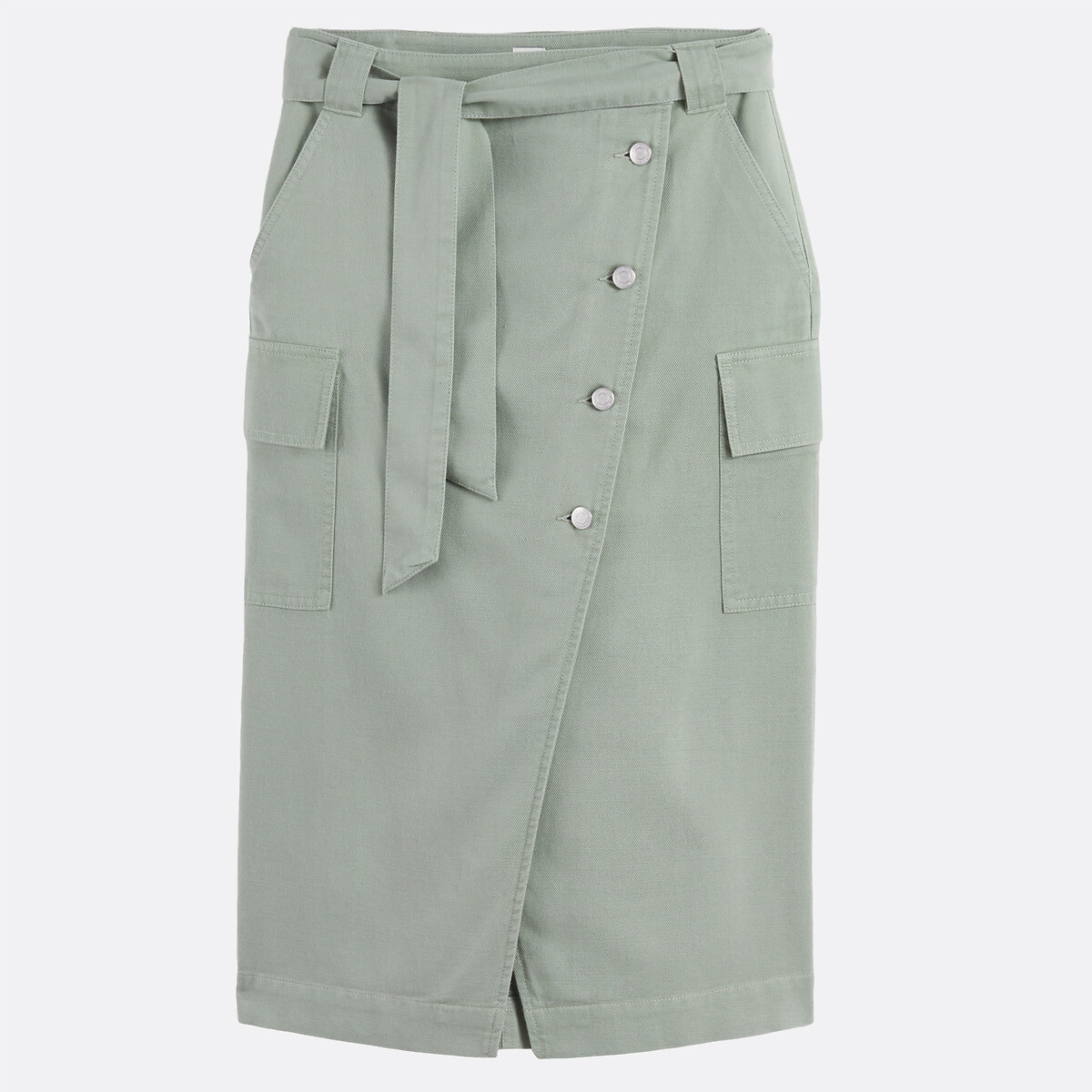 Jupe midi portefeuille en lyocell et coton vert kaki, LA REDOUTE COLLECTIONS