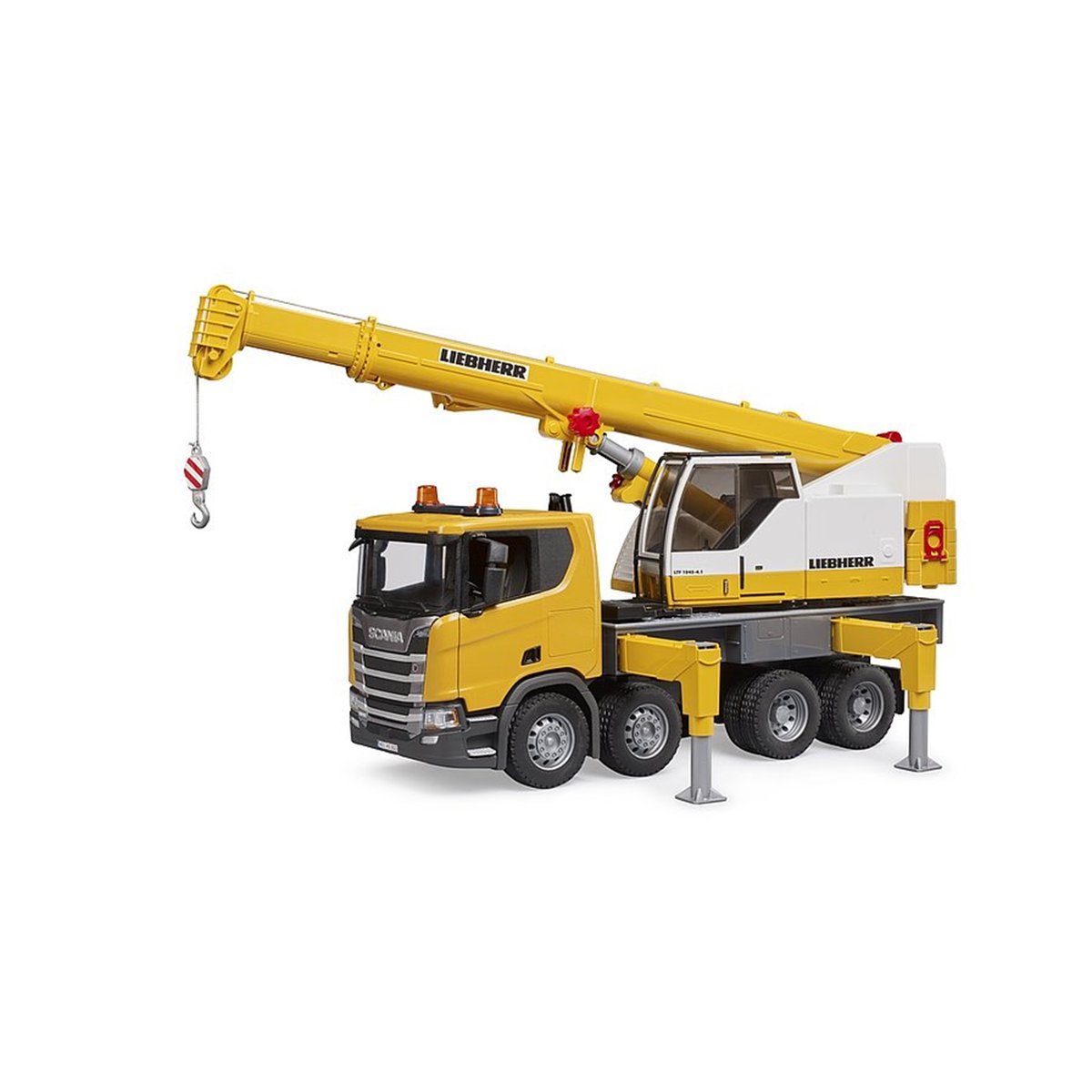 Scania Super 560R Liebherr camion-grue avec module son et lumière jaune, BRUDER