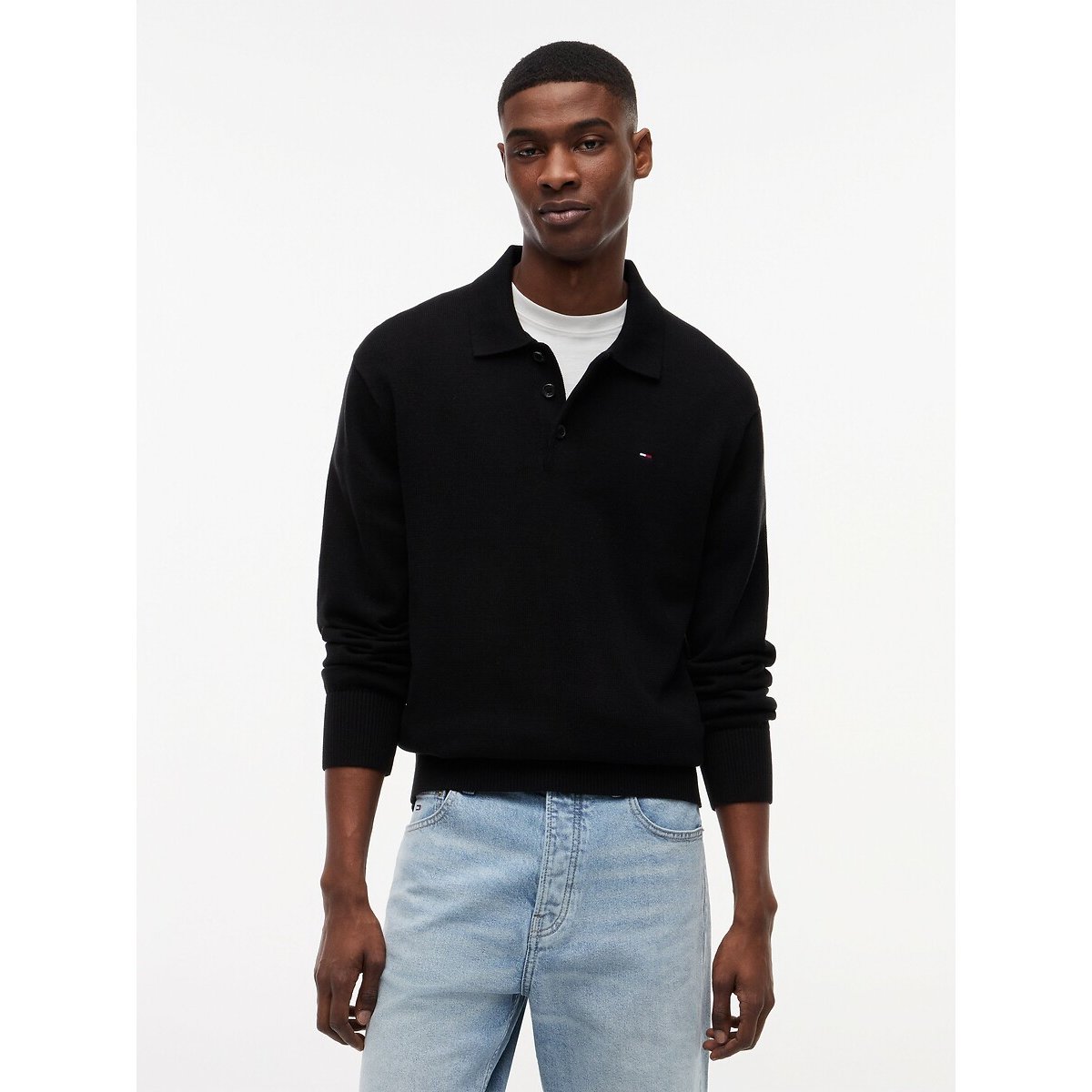 Pull slim, col polo noir, TOMMY JEANS
