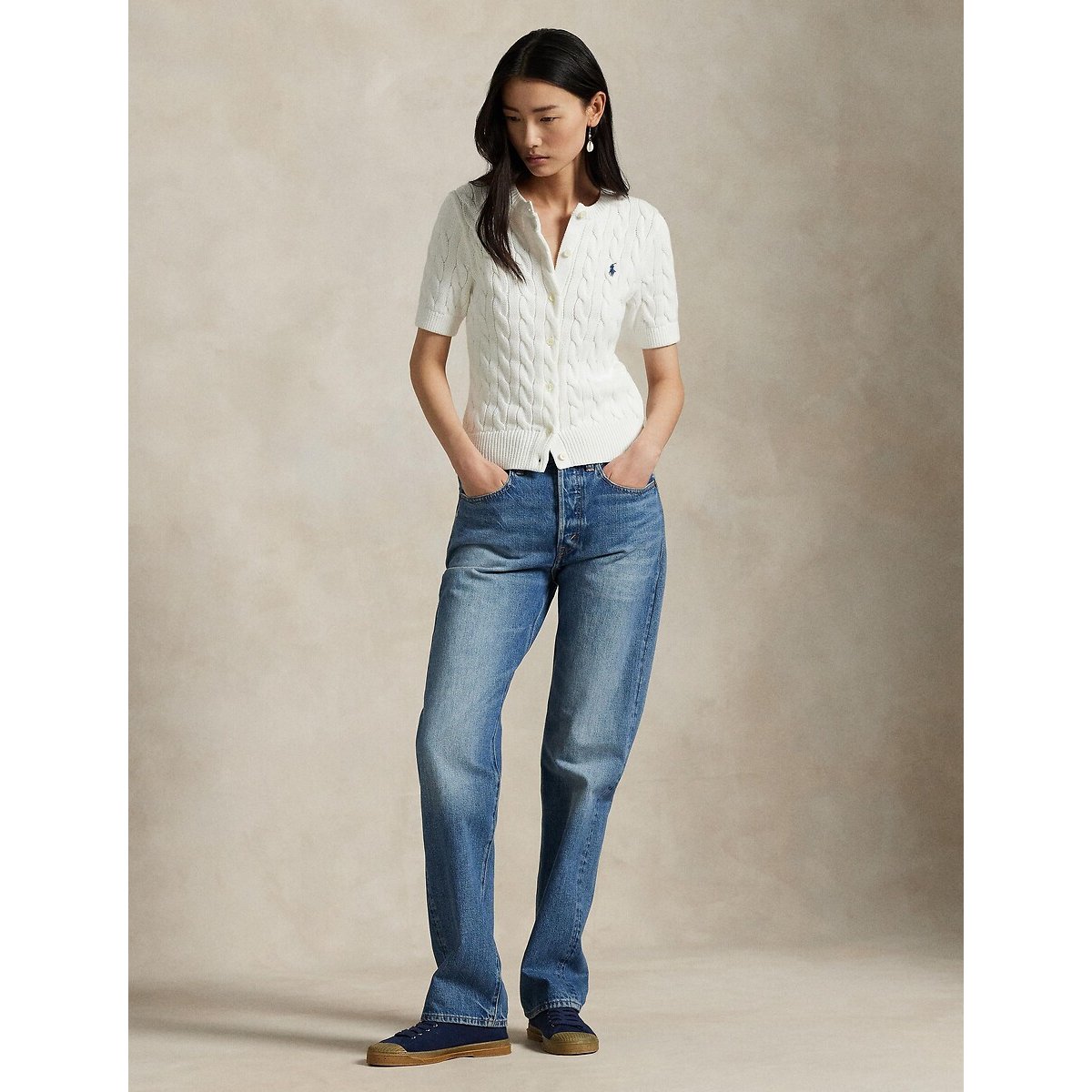Short Sleeve Cardigan in Cable Knit white, POLO RALPH LAUREN