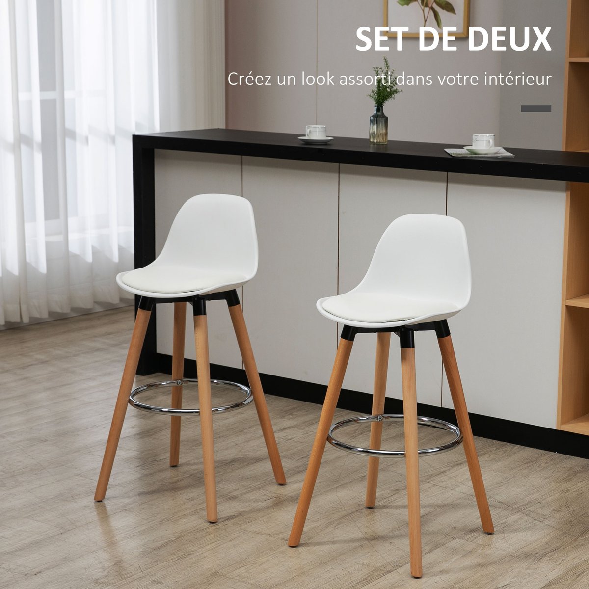 Tabouret de bar PU Blanc blanc, bois clair, HOMCOM