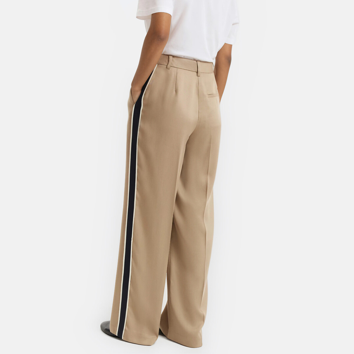 Pantalon large en lyocell à bandes côtés beige, LA REDOUTE COLLECTIONS