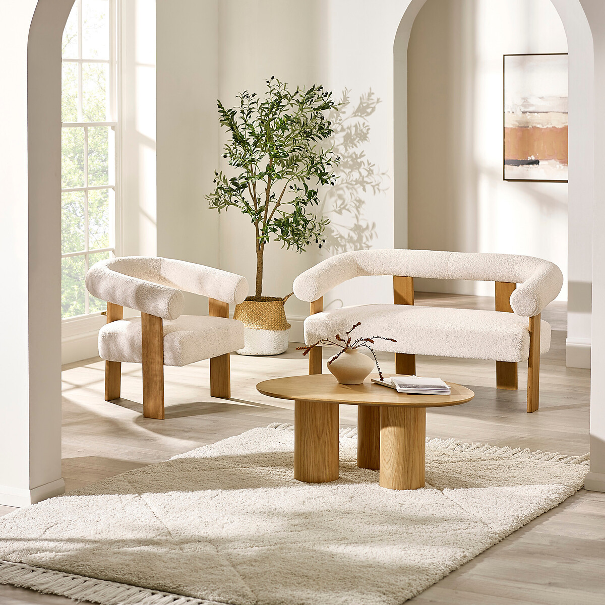 Fiona Boucle & Solid Wood Legs Low Bench white, SO'HOME
