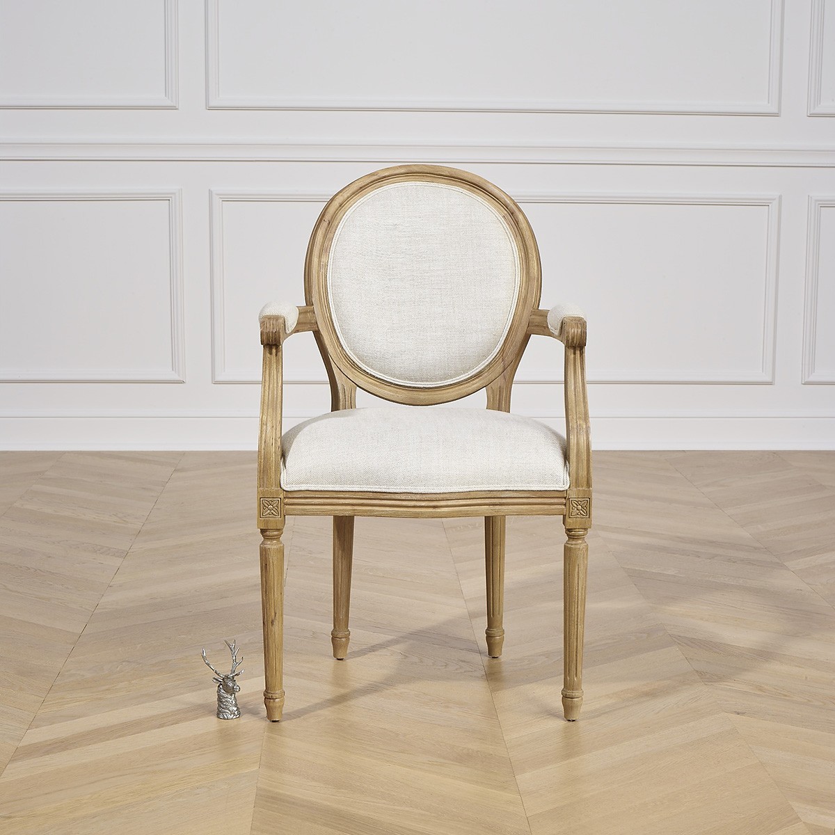Fauteuil de table style classique en hévéa et lin premium MEDAILLON lin, ROBIN DES BOIS