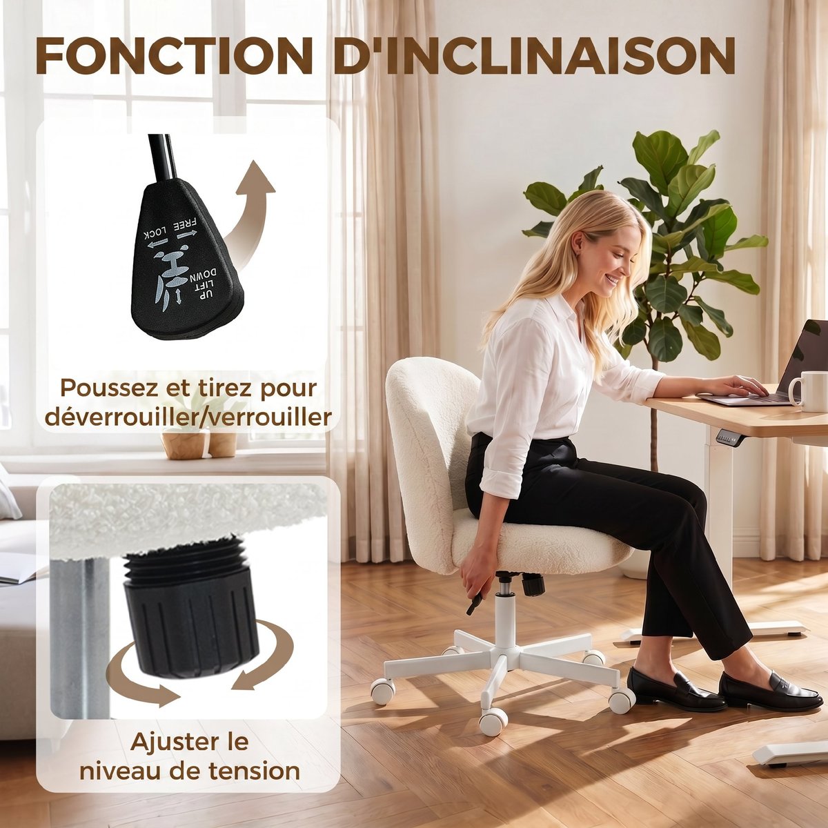 Chaise de bureau Tissu bouclette Blanc Crème blanc crème, HOMCOM