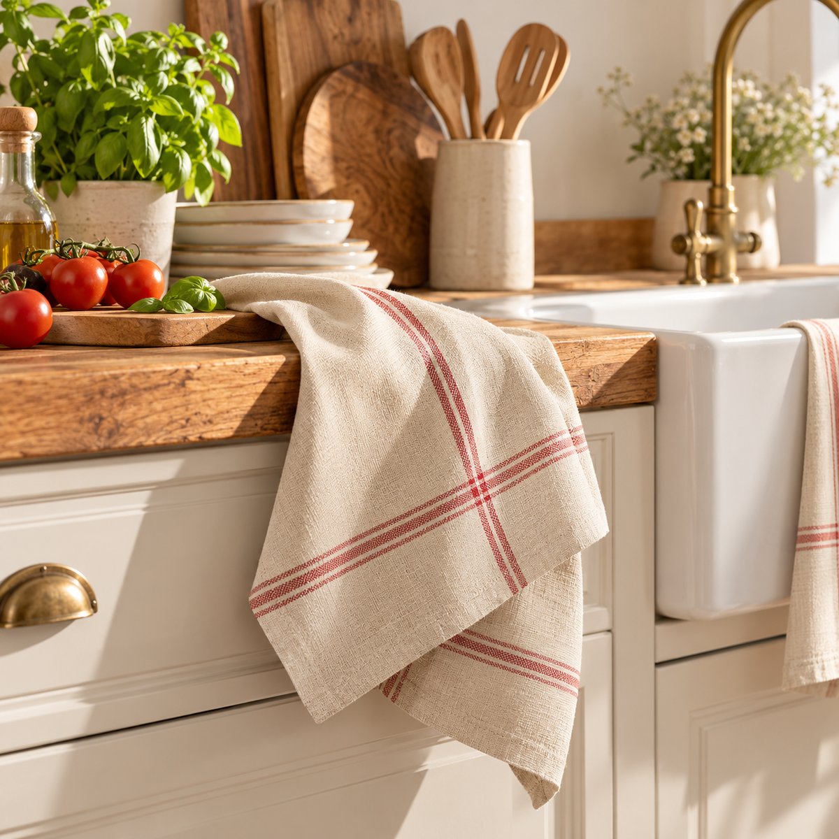 Lot de 2 torchons de cuisine pur Lin NORMANDIE rouge, LINANDELLE