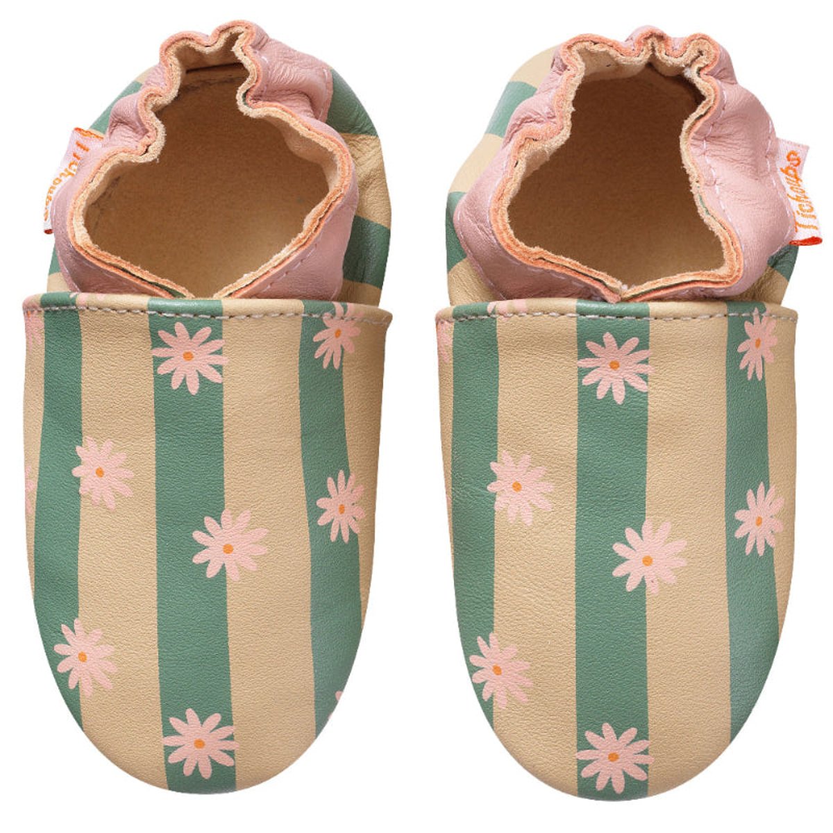 Chaussons bébé cuir souple rayures vert, TICHOUPS