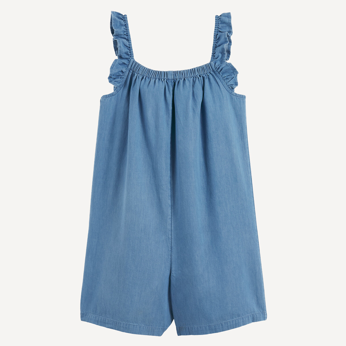Salopette met dunne schouderbandjes met volants, van lichte denim double stoned denim, LA REDOUTE COLLECTIONS