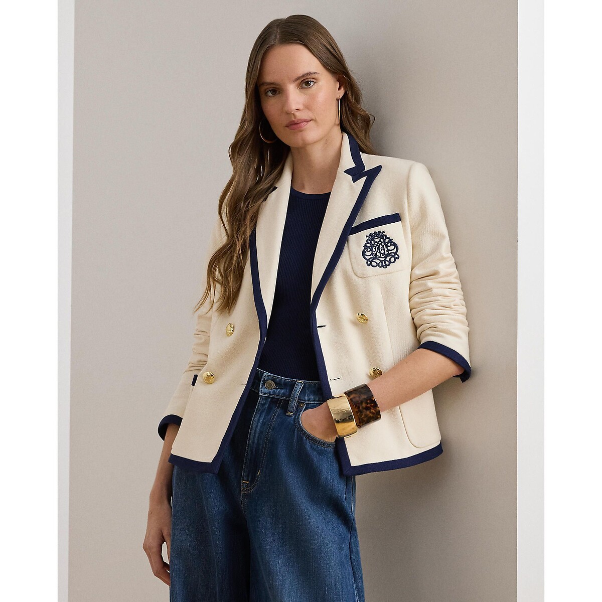 Giacca blazer con stemma ricamato ecru / navy, LAUREN RALPH LAUREN