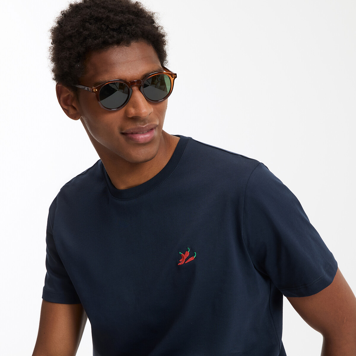 Short-Sleeve T-Shirt with Chilli Pepper Embroidery navy blue, LA REDOUTE COLLECTIONS